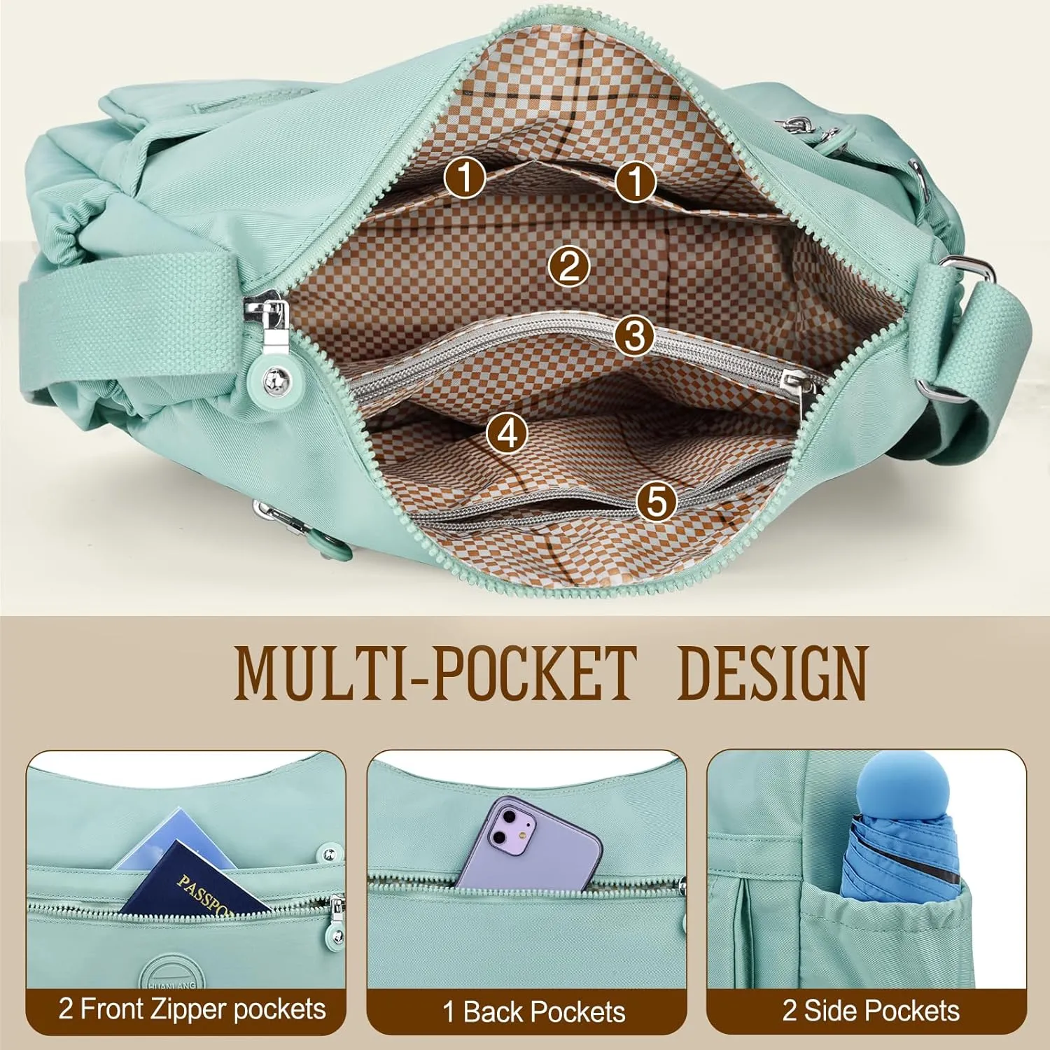 HUANLANG Nylon Crossbody Bags for Women Large Lightweight Travel Purse Women's Pocketbooks Multi Pocket Shoulder Bag