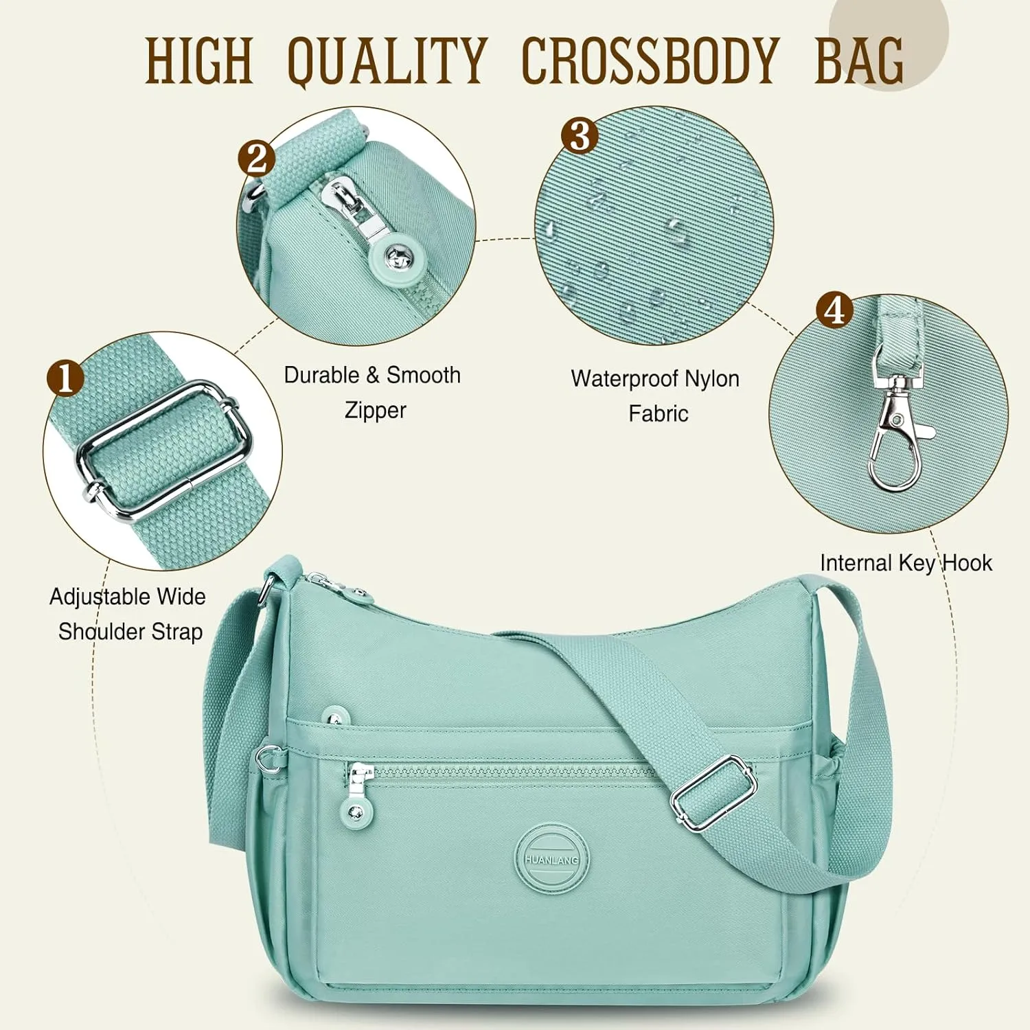 HUANLANG Nylon Crossbody Bags for Women Large Lightweight Travel Purse Women's Pocketbooks Multi Pocket Shoulder Bag