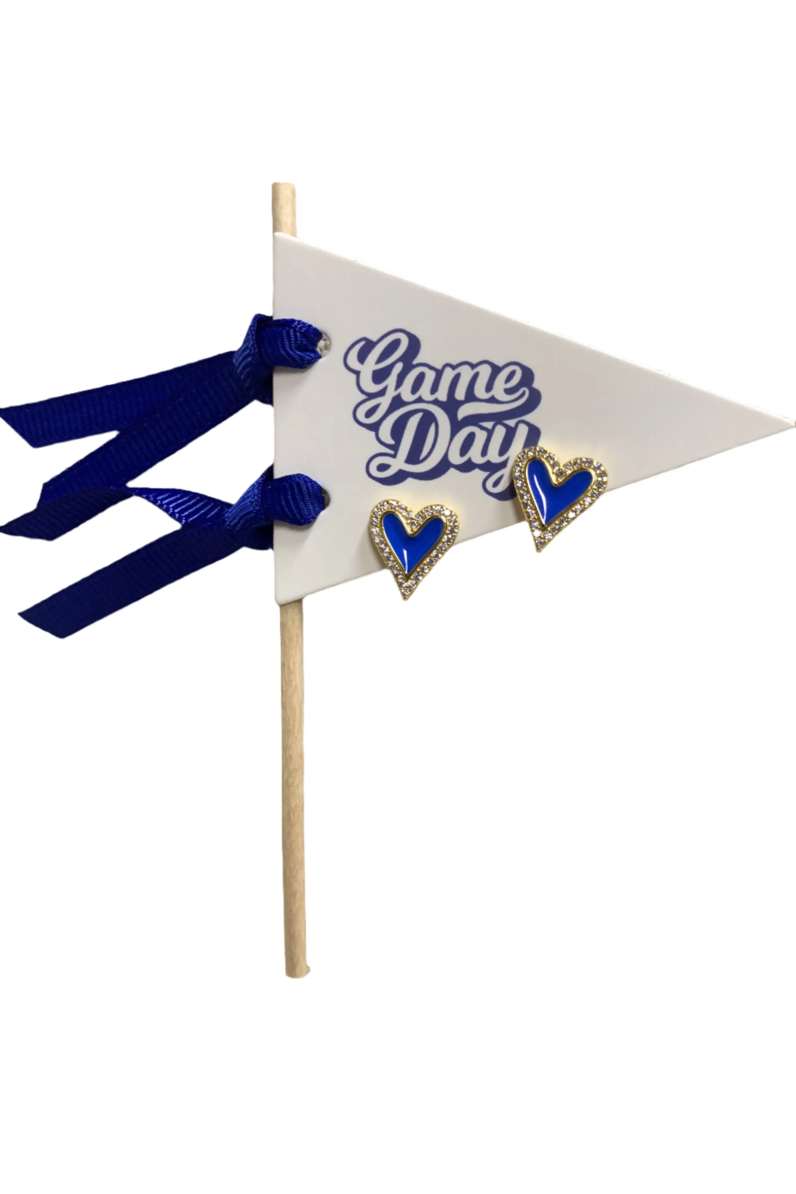 I Love Game Day: Royal Blue Heart Stud Earrings On Pennant Flag