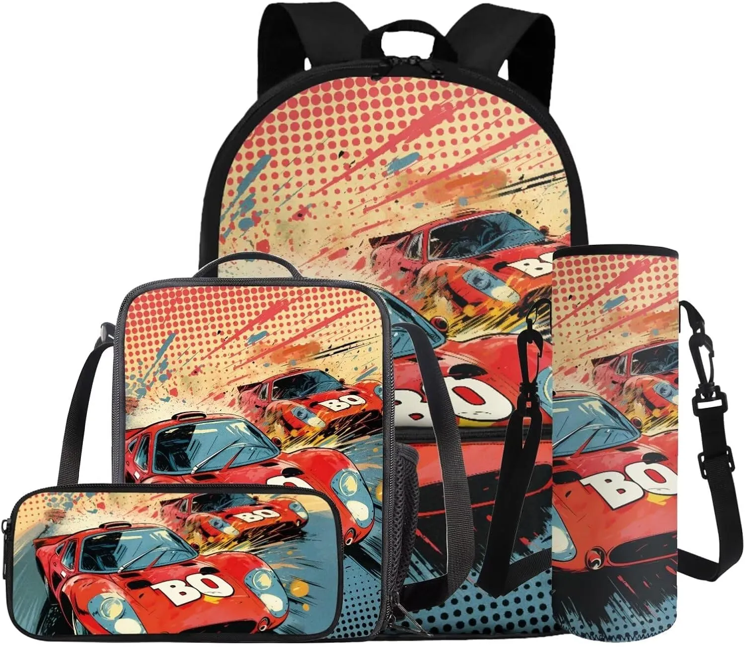 Kids Backpack Boys Race Car 4 Piece Versatile Kids Bookbags for Boys Ages 5 to 8 Lightweight Insulated Lunch Bag Cool Pencil Case with Letter BO