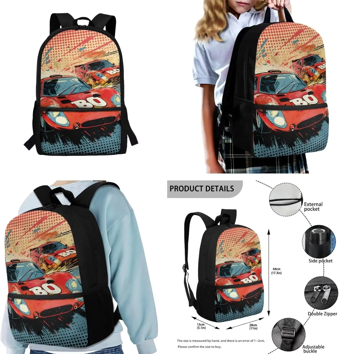 Kids Backpack Boys Race Car 4 Piece Versatile Kids Bookbags for Boys Ages 5 to 8 Lightweight Insulated Lunch Bag Cool Pencil Case with Letter BO