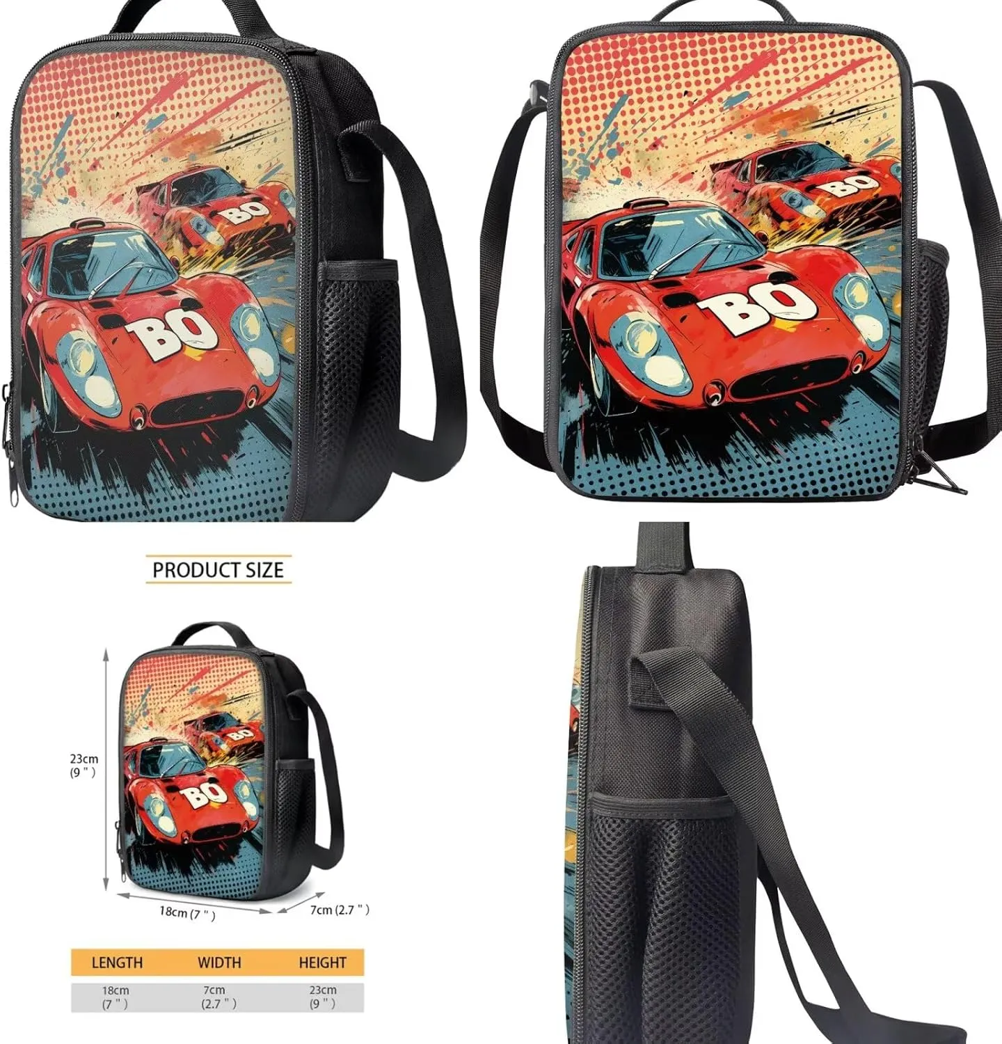 Kids Backpack Boys Race Car 4 Piece Versatile Kids Bookbags for Boys Ages 5 to 8 Lightweight Insulated Lunch Bag Cool Pencil Case with Letter BO