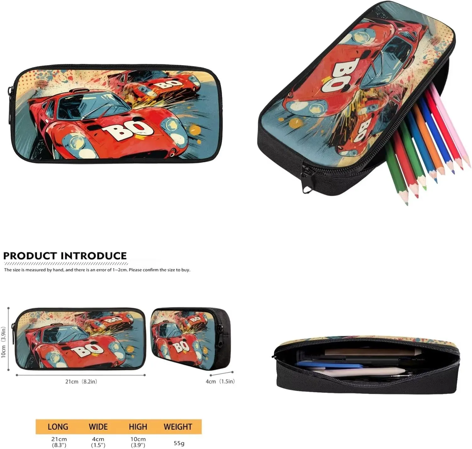 Kids Backpack Boys Race Car 4 Piece Versatile Kids Bookbags for Boys Ages 5 to 8 Lightweight Insulated Lunch Bag Cool Pencil Case with Letter BO