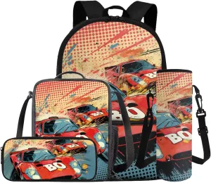 Kids Backpack Boys Race Car 4 Piece Versatile Kids Bookbags for Boys Ages 5 to 8 Lightweight Insulated Lunch Bag Cool Pencil Case with Letter BO