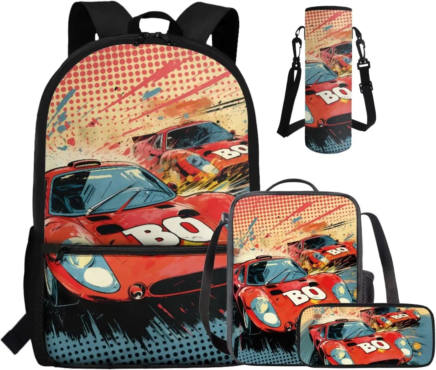 Kids Backpack Boys Race Car 4 Piece Versatile Kids Bookbags for Boys Ages 5 to 8 Lightweight Insulated Lunch Bag Cool Pencil Case with Letter BO