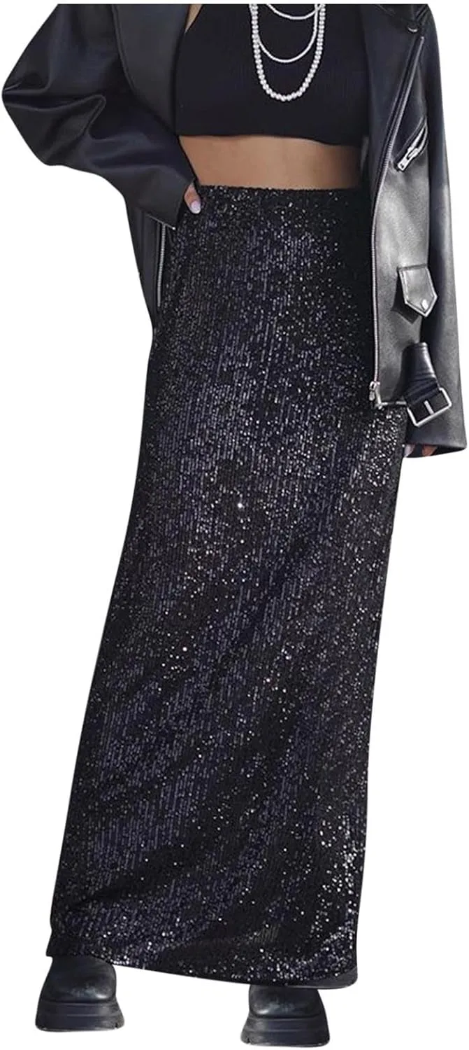 Ladies Skirts for Women Maxi Long Loose Fit Sequin Sparkle Glitter Plain Skirts 2025 Trendy Y2K