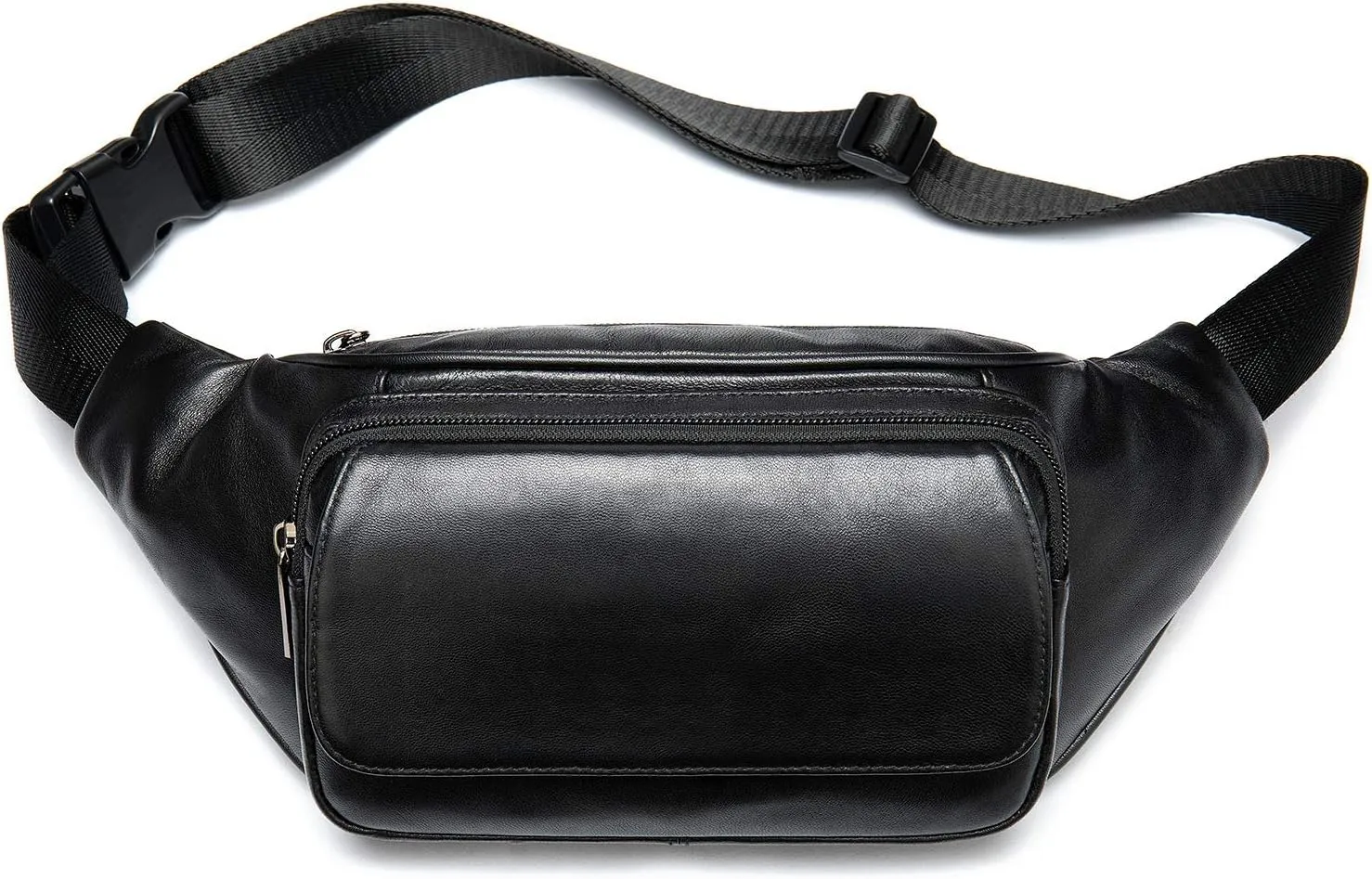 Lambskin Leather Waist Fanny Pack Front-Flap-Cover Belt Purse for Cell Phone and Small Stuffs Black