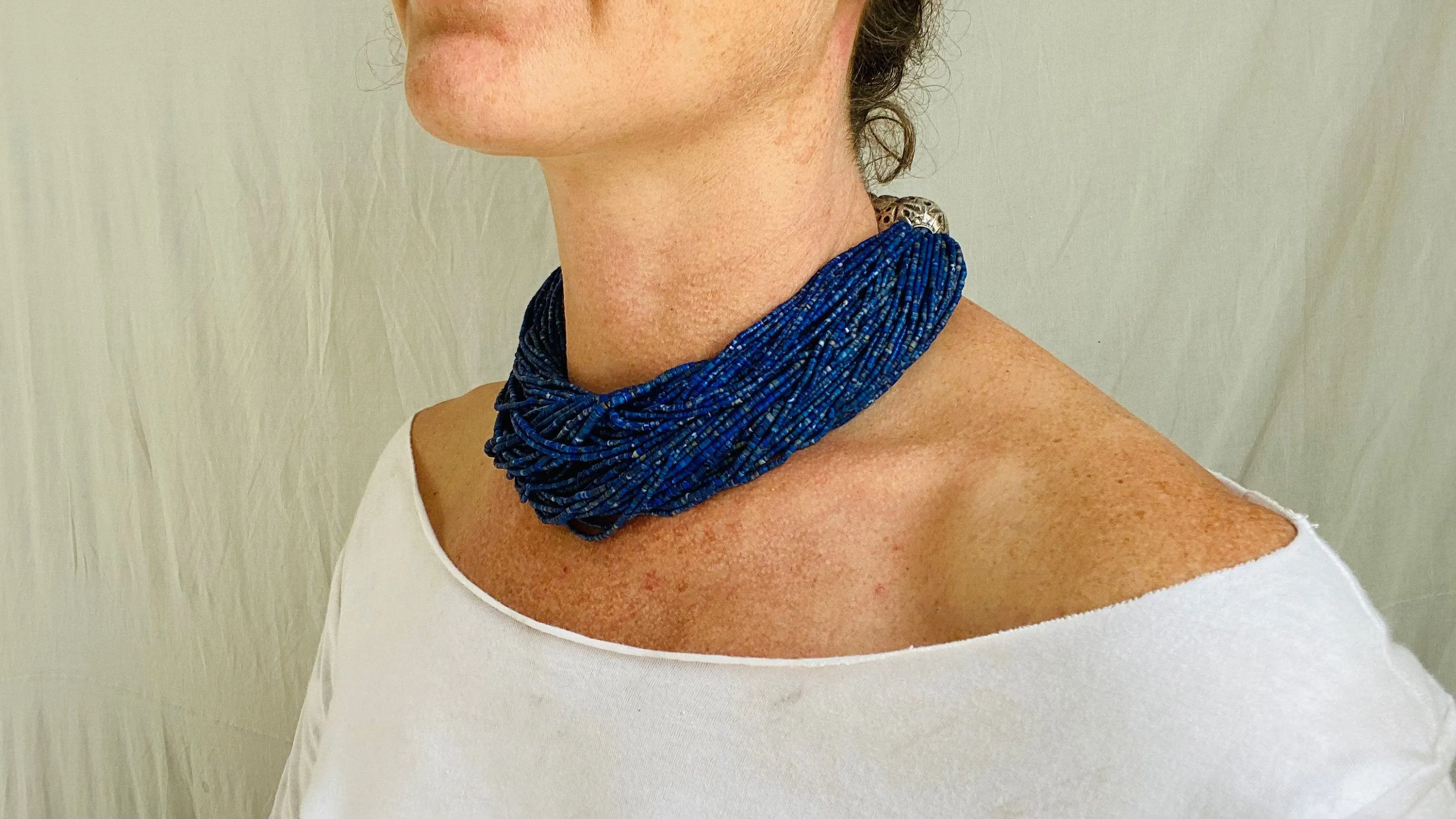 Lapis Lazuli, Amber & Silver Necklace. Multi Strand