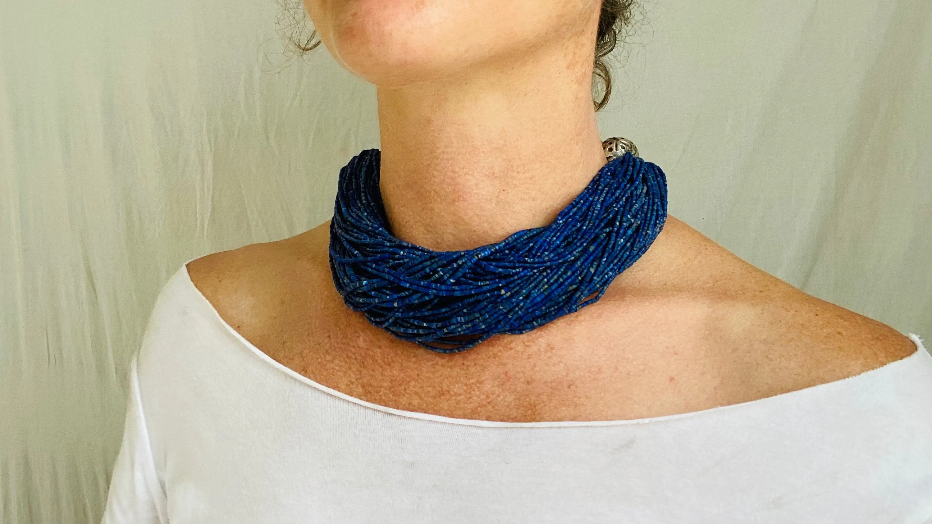 Lapis Lazuli, Amber & Silver Necklace. Multi Strand