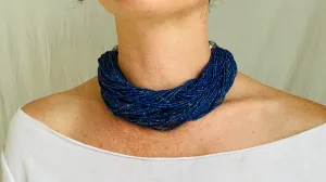 Lapis Lazuli, Amber & Silver Necklace. Multi Strand
