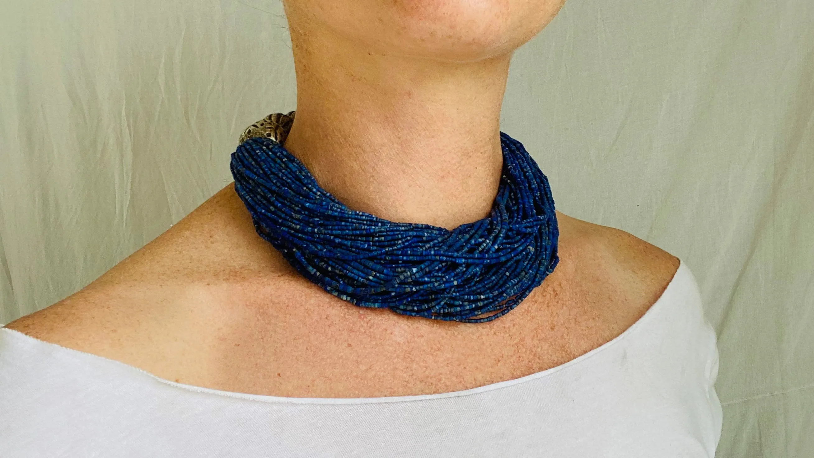Lapis Lazuli, Amber & Silver Necklace. Multi Strand