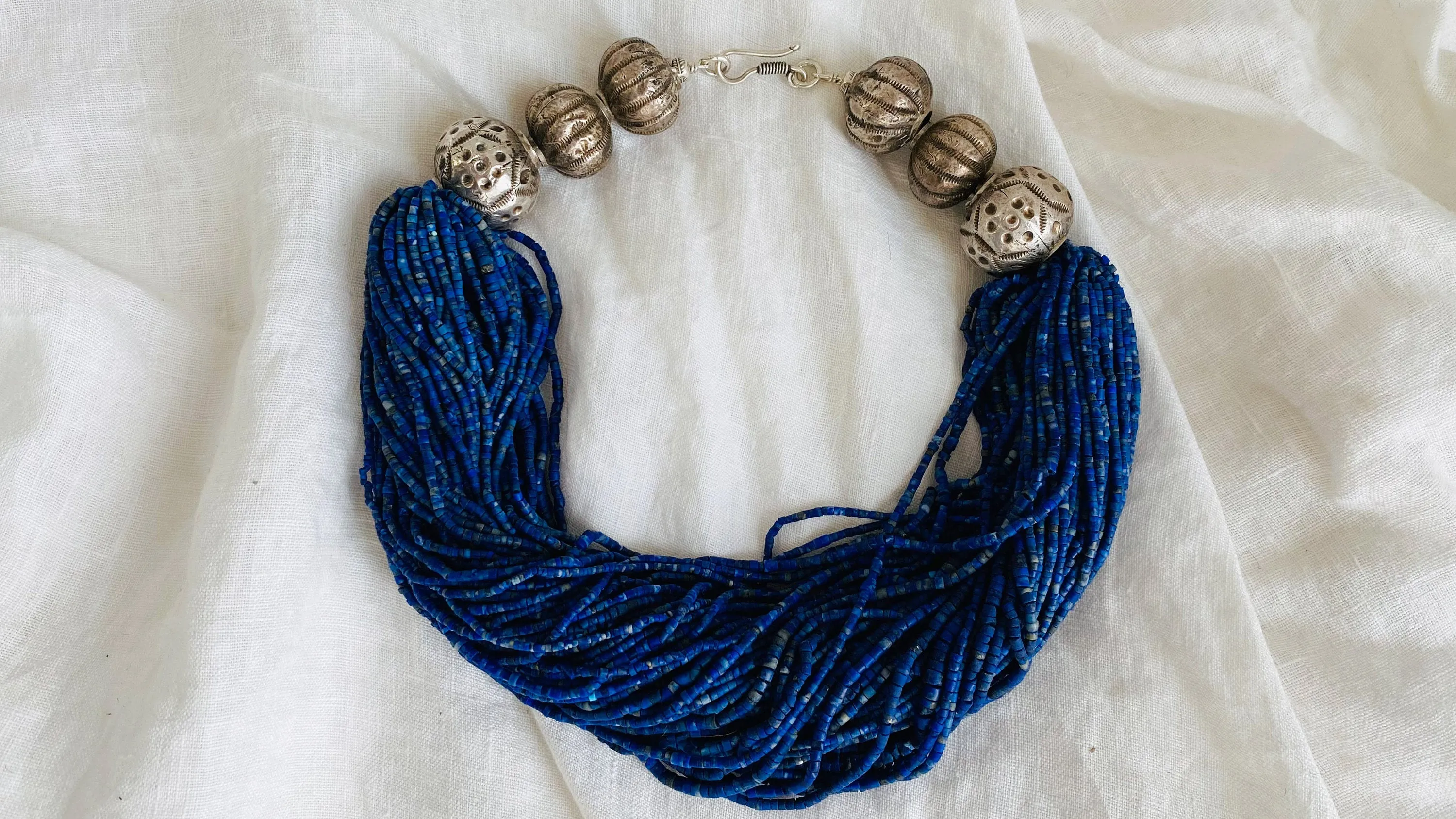 Lapis Lazuli, Amber & Silver Necklace. Multi Strand