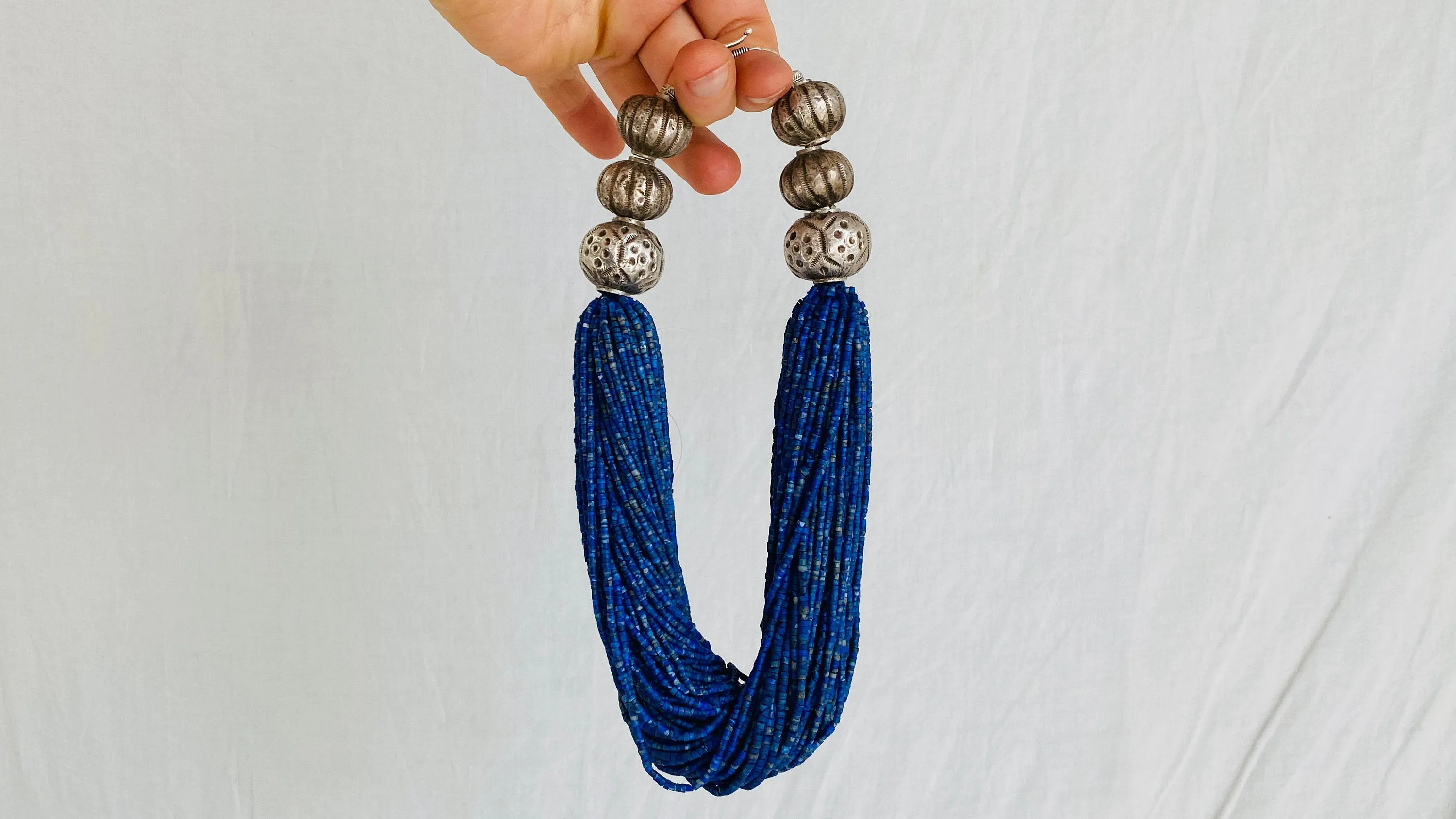 Lapis Lazuli, Amber & Silver Necklace. Multi Strand