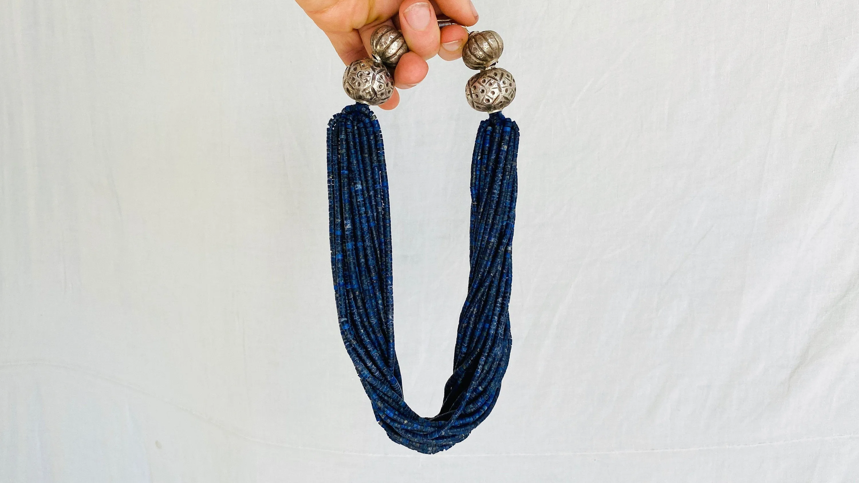 Lapis Lazuli and Antique Silver Necklace. Multi Strand