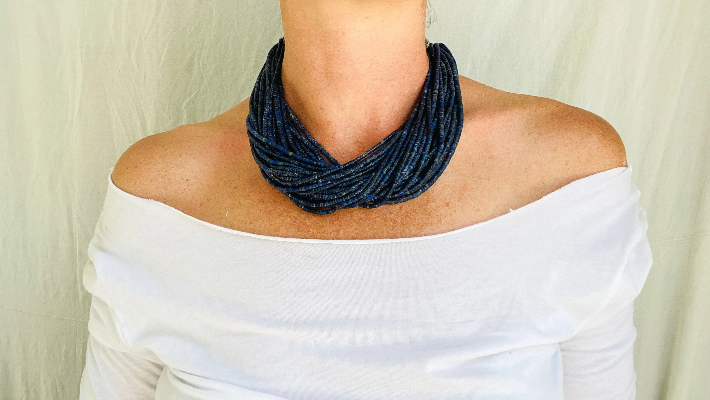 Lapis Lazuli and Antique Silver Necklace. Multi Strand