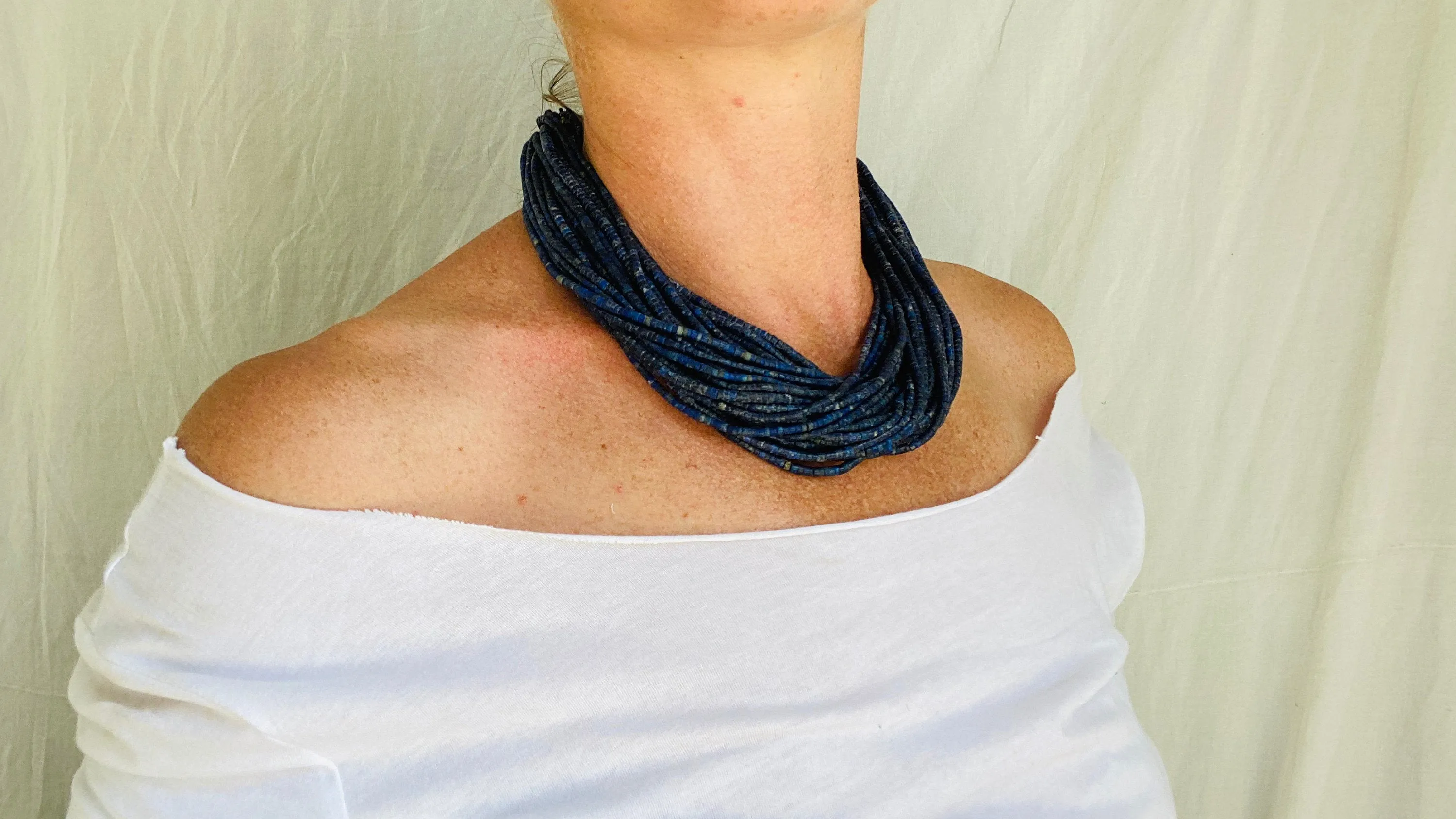 Lapis Lazuli and Antique Silver Necklace. Multi Strand
