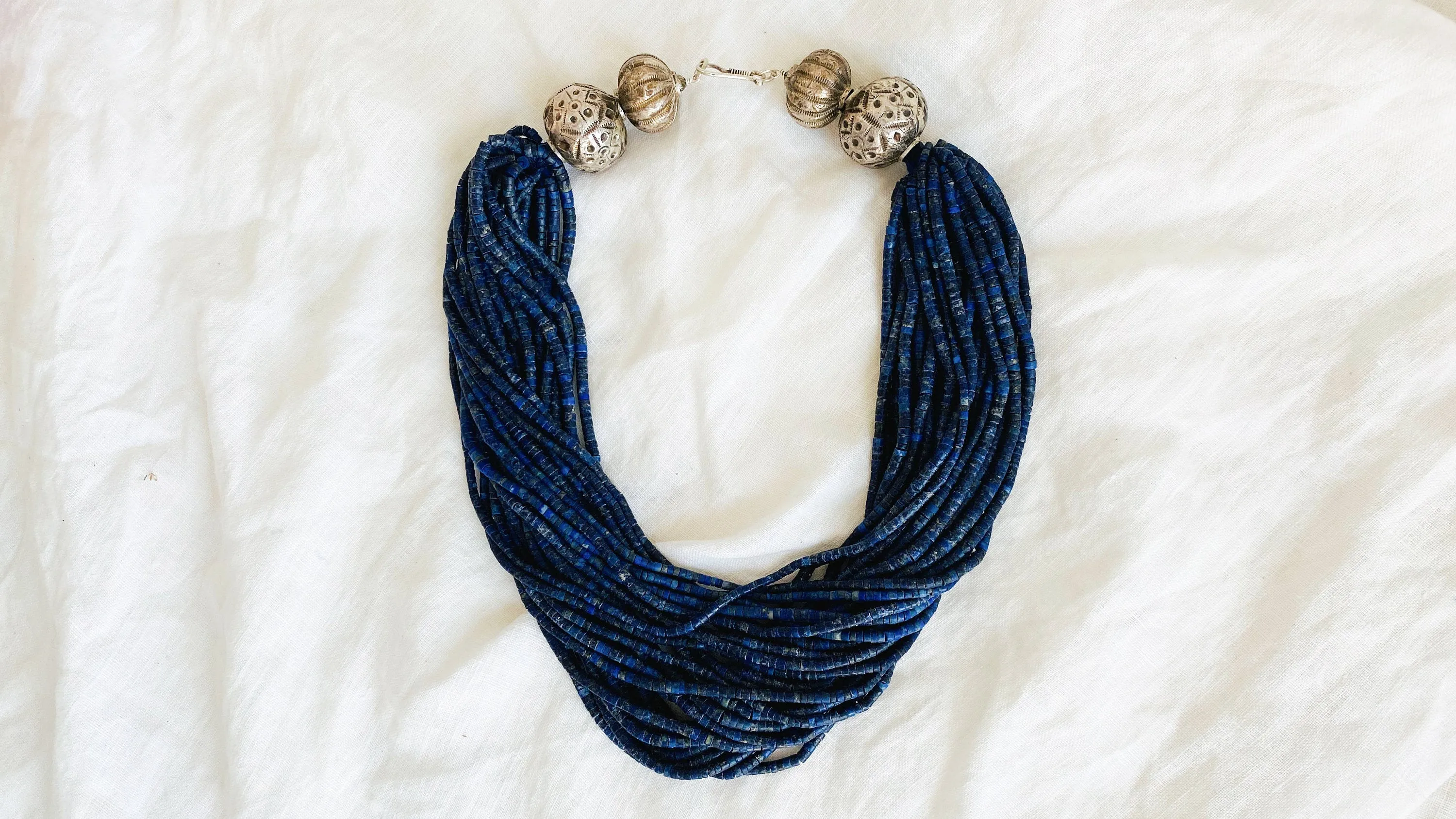 Lapis Lazuli and Antique Silver Necklace. Multi Strand