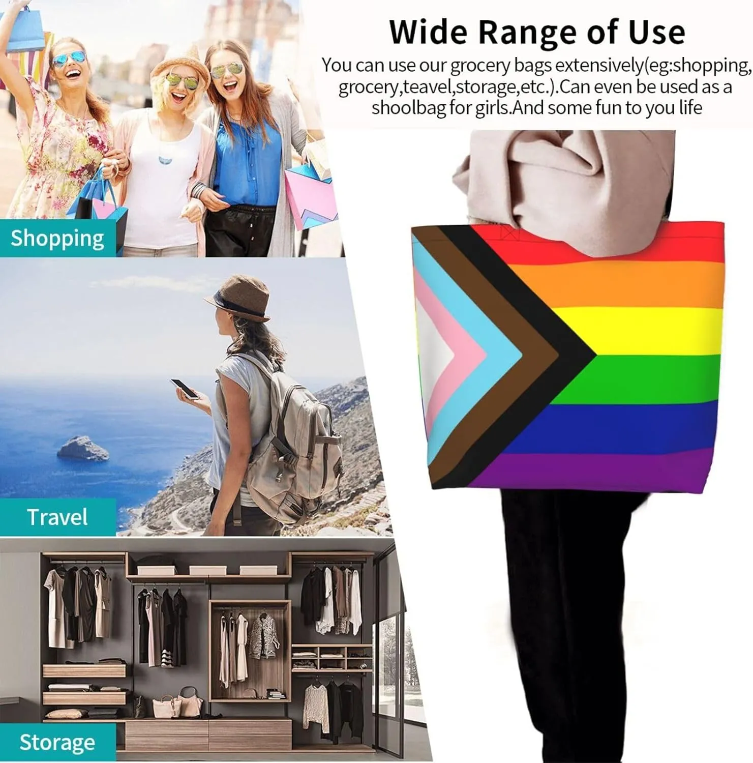Lgbt Pride Tote Bag For Women Men, Large Beach Travel Reusable Grocery Shopping Bag Rainbow LGBT Pride Shoulder Bag