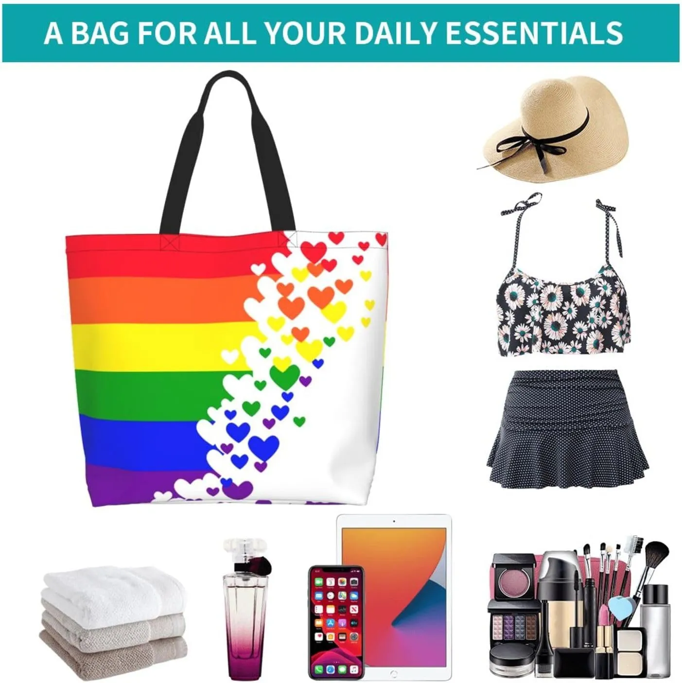 Lgbt Pride Tote Bag For Women Men, Large Beach Travel Reusable Grocery Shopping Bag Rainbow LGBT Pride Shoulder Bag