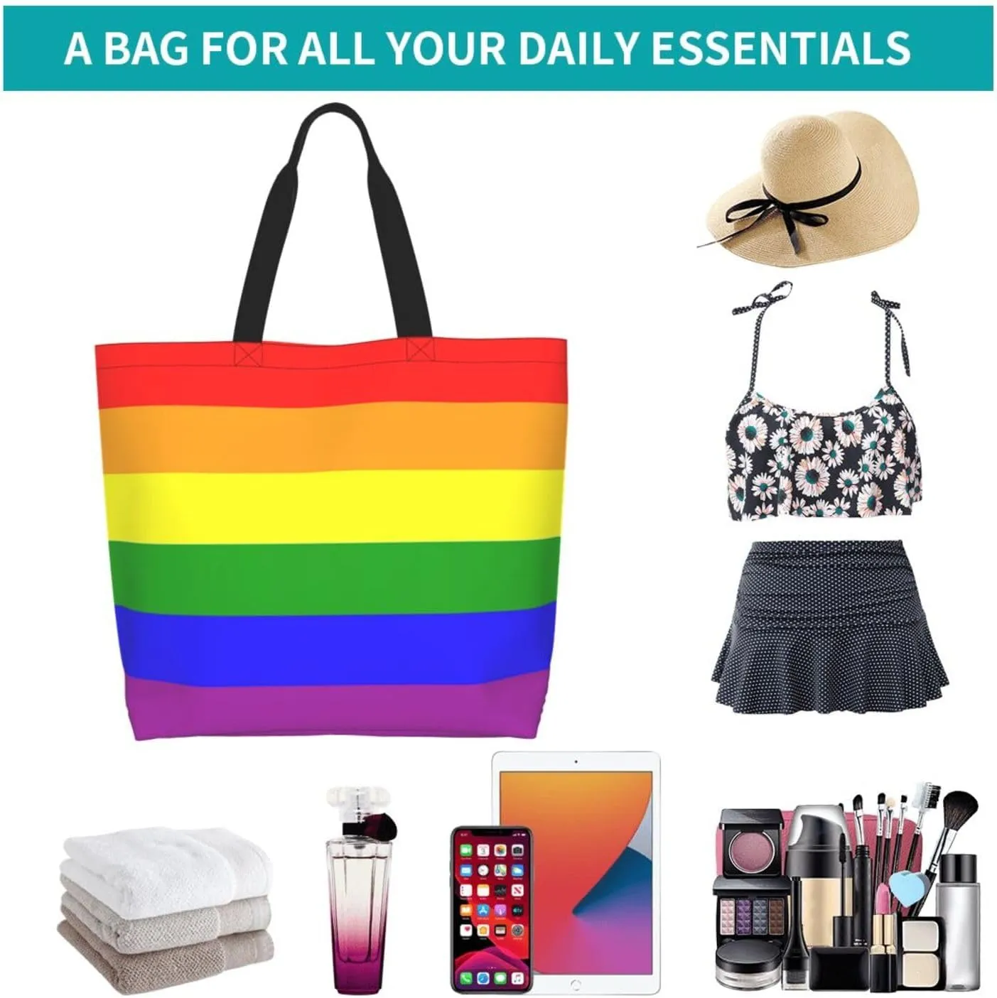 Lgbt Pride Tote Bag For Women Men, Large Beach Travel Reusable Grocery Shopping Bag Rainbow LGBT Pride Shoulder Bag