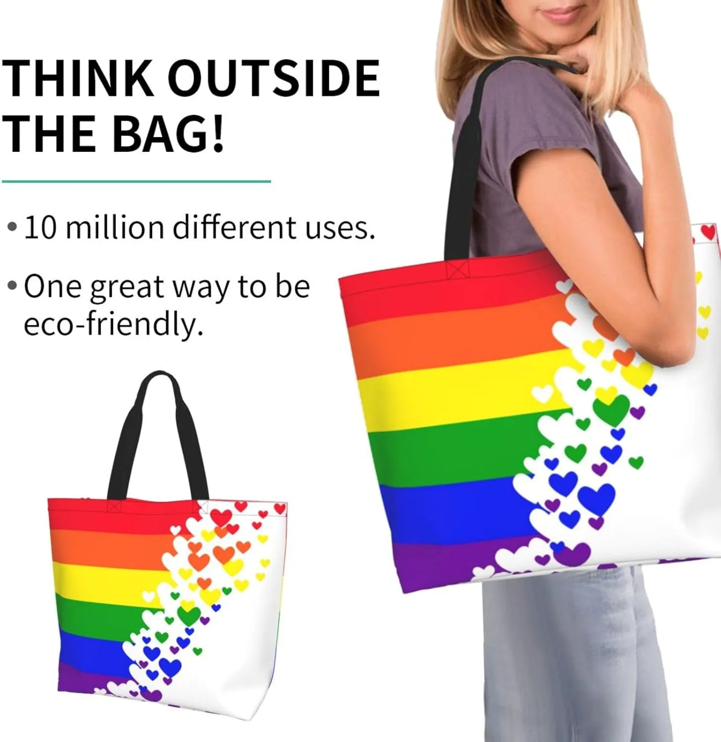 Lgbt Pride Tote Bag For Women Men, Large Beach Travel Reusable Grocery Shopping Bag Rainbow LGBT Pride Shoulder Bag