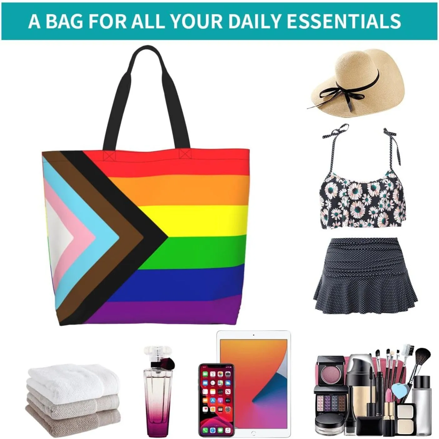 Lgbt Pride Tote Bag For Women Men, Large Beach Travel Reusable Grocery Shopping Bag Rainbow LGBT Pride Shoulder Bag