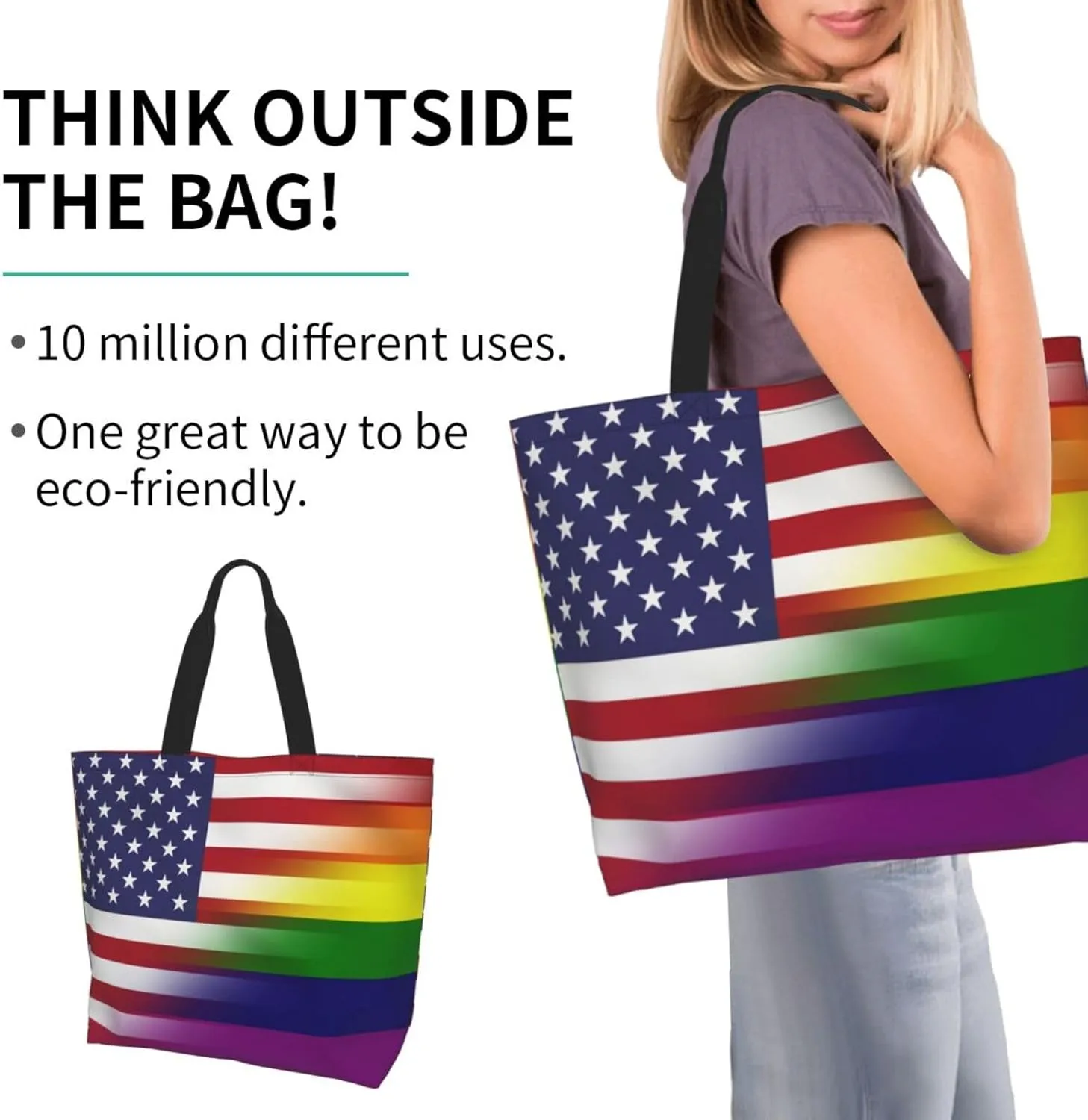 Lgbt Pride Tote Bag For Women Men, Large Beach Travel Reusable Grocery Shopping Bag Rainbow LGBT Pride Shoulder Bag