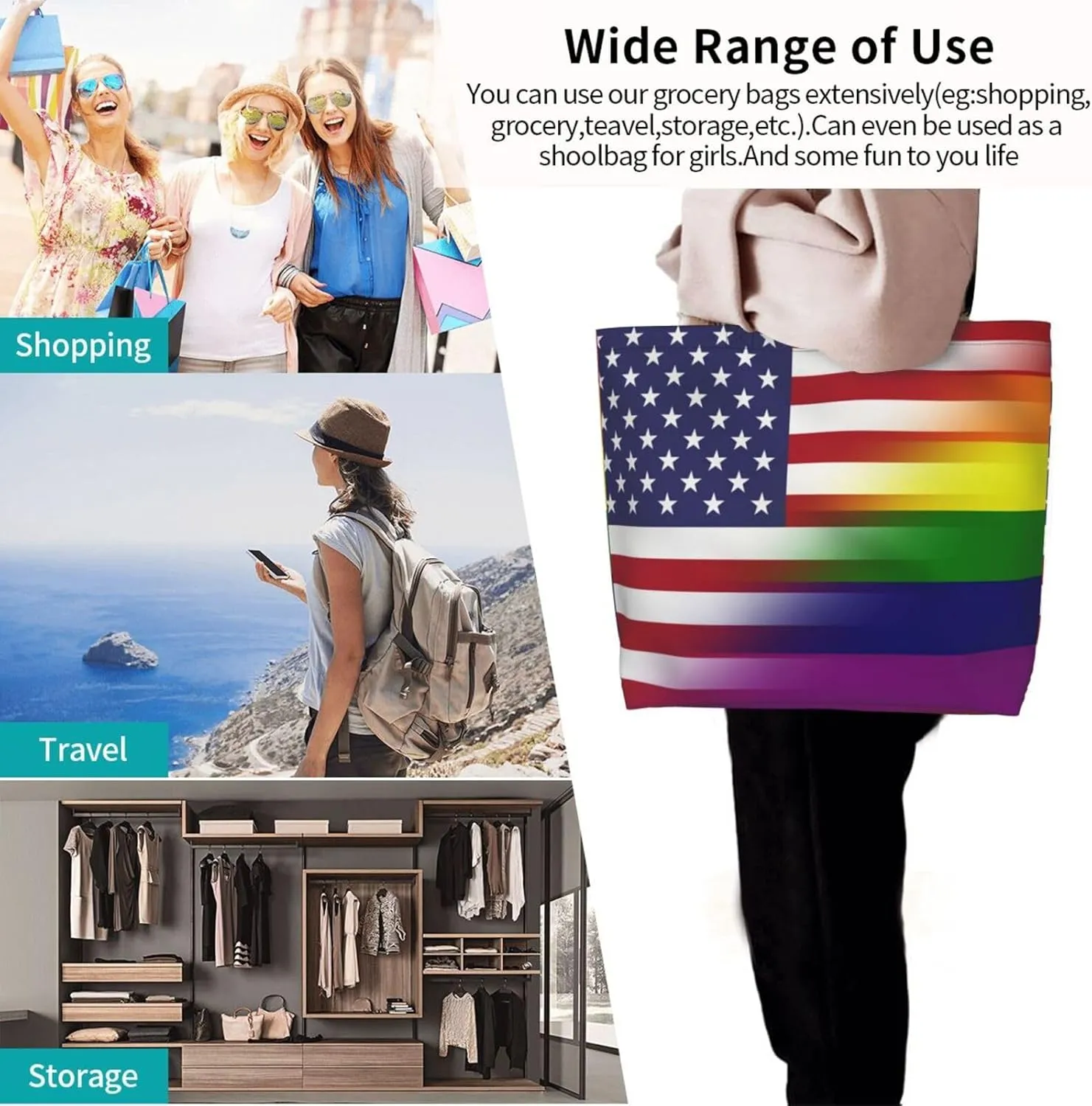 Lgbt Pride Tote Bag For Women Men, Large Beach Travel Reusable Grocery Shopping Bag Rainbow LGBT Pride Shoulder Bag