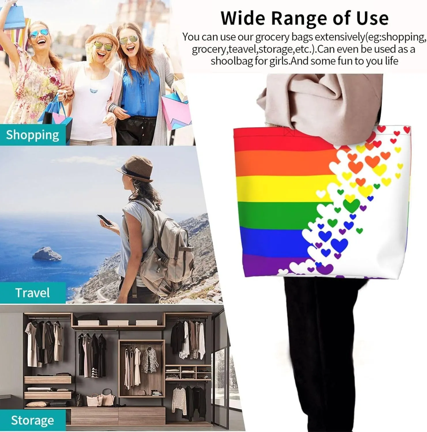 Lgbt Pride Tote Bag For Women Men, Large Beach Travel Reusable Grocery Shopping Bag Rainbow LGBT Pride Shoulder Bag