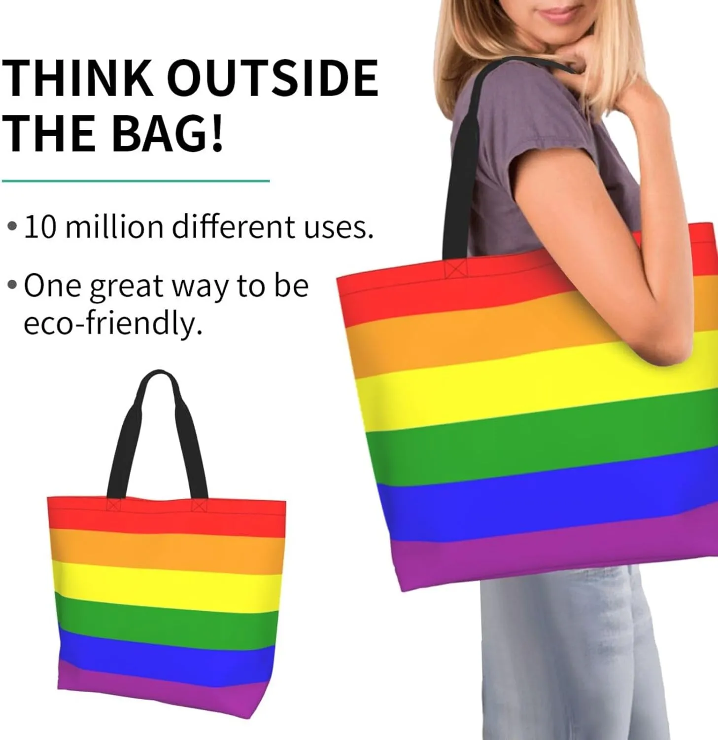 Lgbt Pride Tote Bag For Women Men, Large Beach Travel Reusable Grocery Shopping Bag Rainbow LGBT Pride Shoulder Bag