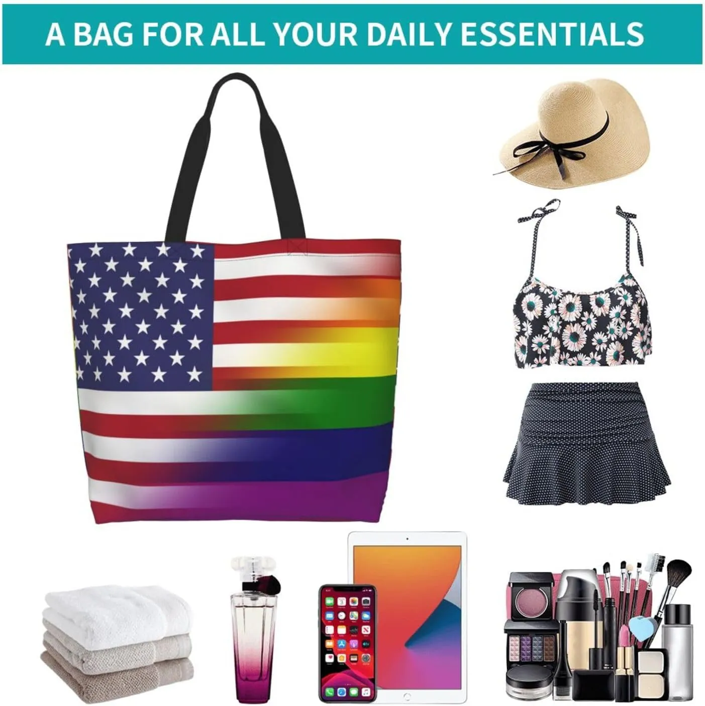 Lgbt Pride Tote Bag For Women Men, Large Beach Travel Reusable Grocery Shopping Bag Rainbow LGBT Pride Shoulder Bag