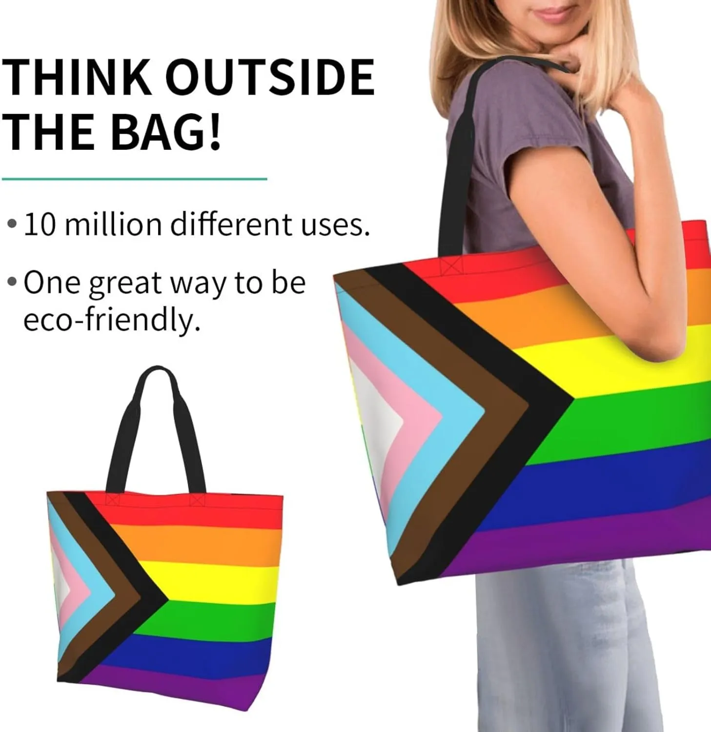 Lgbt Pride Tote Bag For Women Men, Large Beach Travel Reusable Grocery Shopping Bag Rainbow LGBT Pride Shoulder Bag