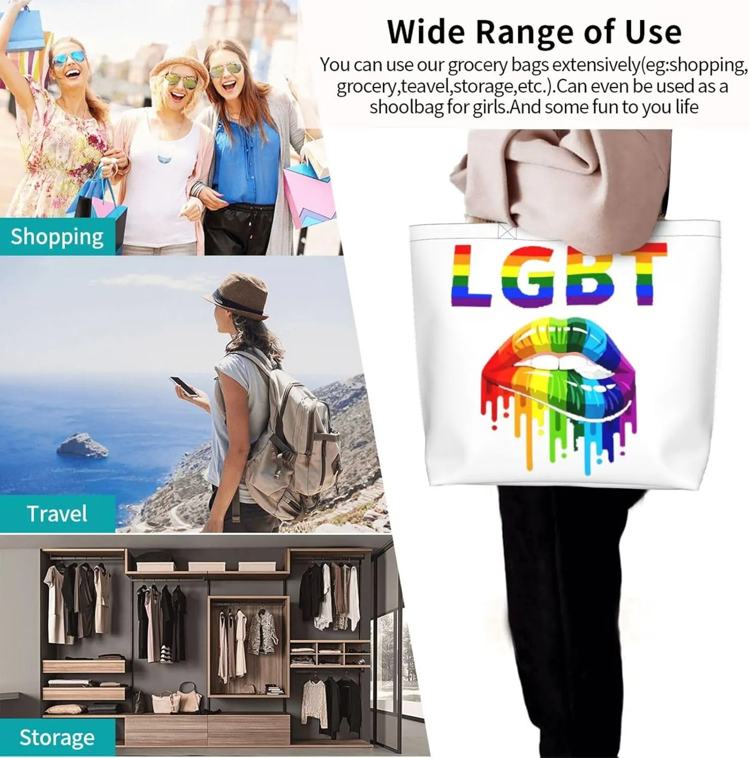 Lgbt Rainbow Hearts Tote Bag For Women MenLGBT Pride Shoulder Bag Rainbow Handbag For Shopping, Work, Travel