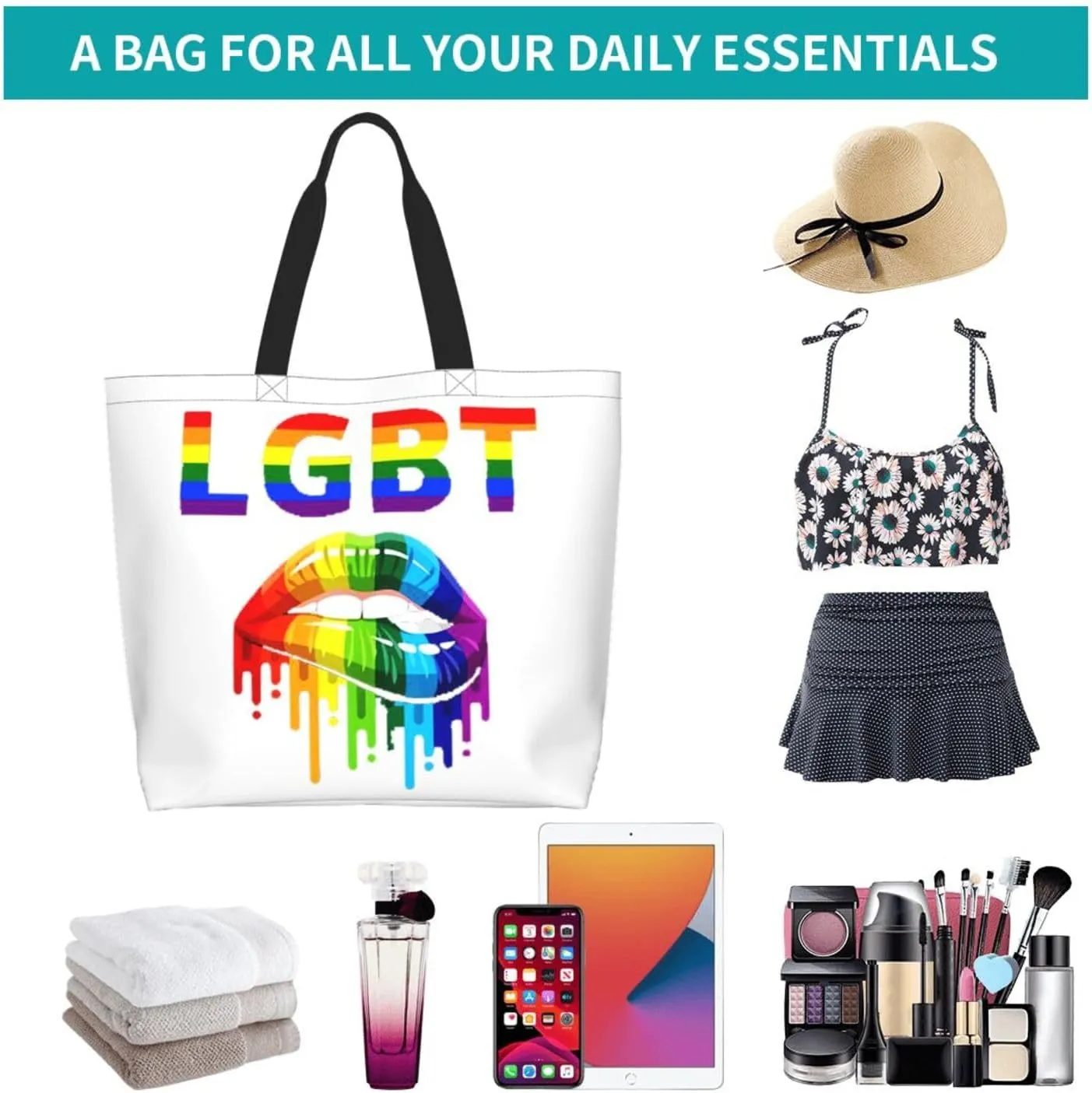 Lgbt Rainbow Hearts Tote Bag For Women MenLGBT Pride Shoulder Bag Rainbow Handbag For Shopping, Work, Travel
