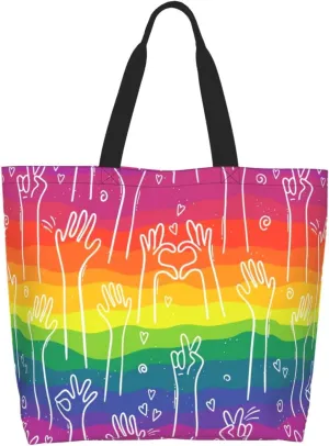 Lgbt Rainbow Hearts Tote Bag For Women MenLGBT Pride Shoulder Bag Rainbow Handbag For Shopping, Work, Travel