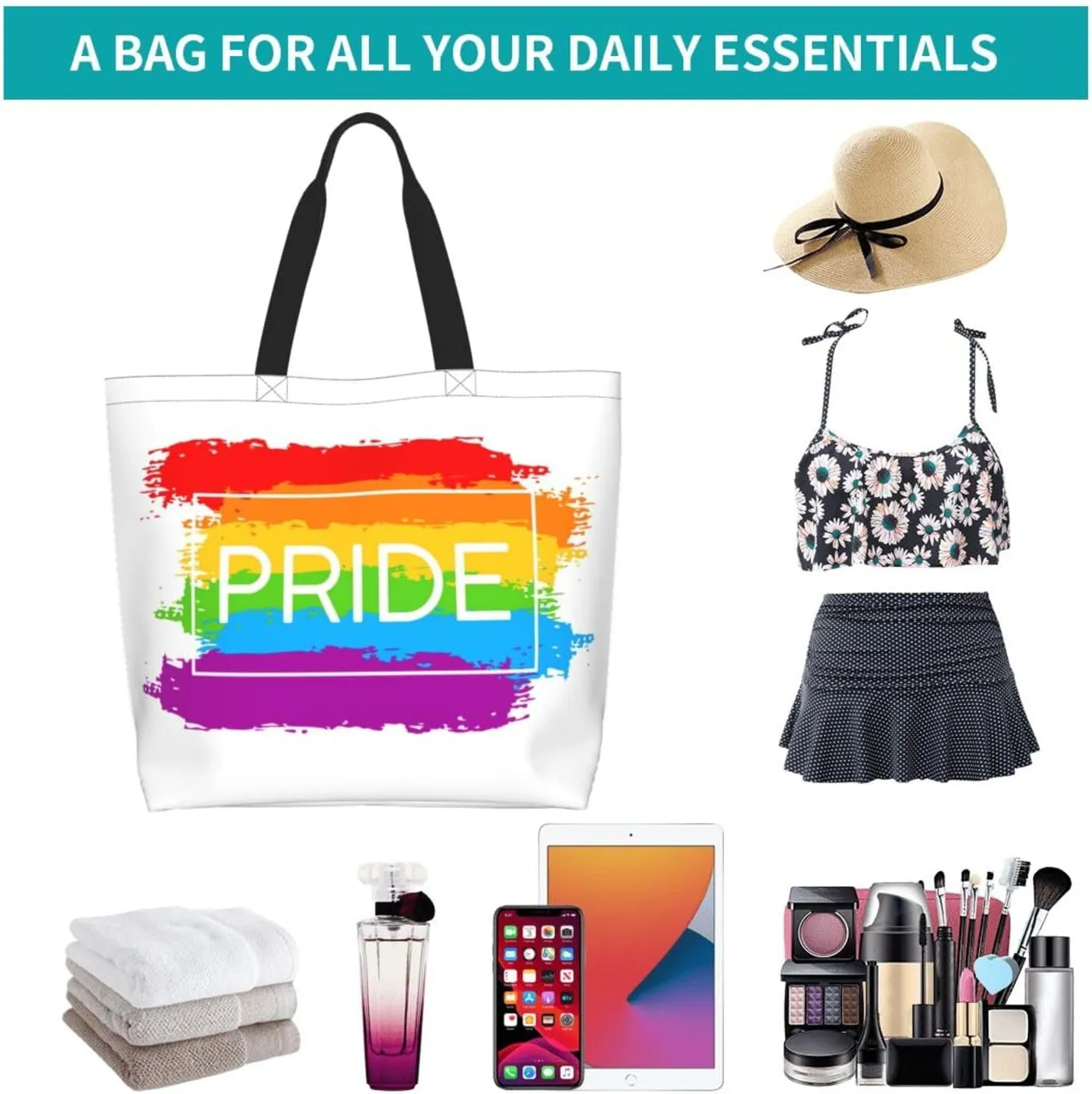 Lgbt Rainbow Hearts Tote Bag For Women MenLGBT Pride Shoulder Bag Rainbow Handbag For Shopping, Work, Travel