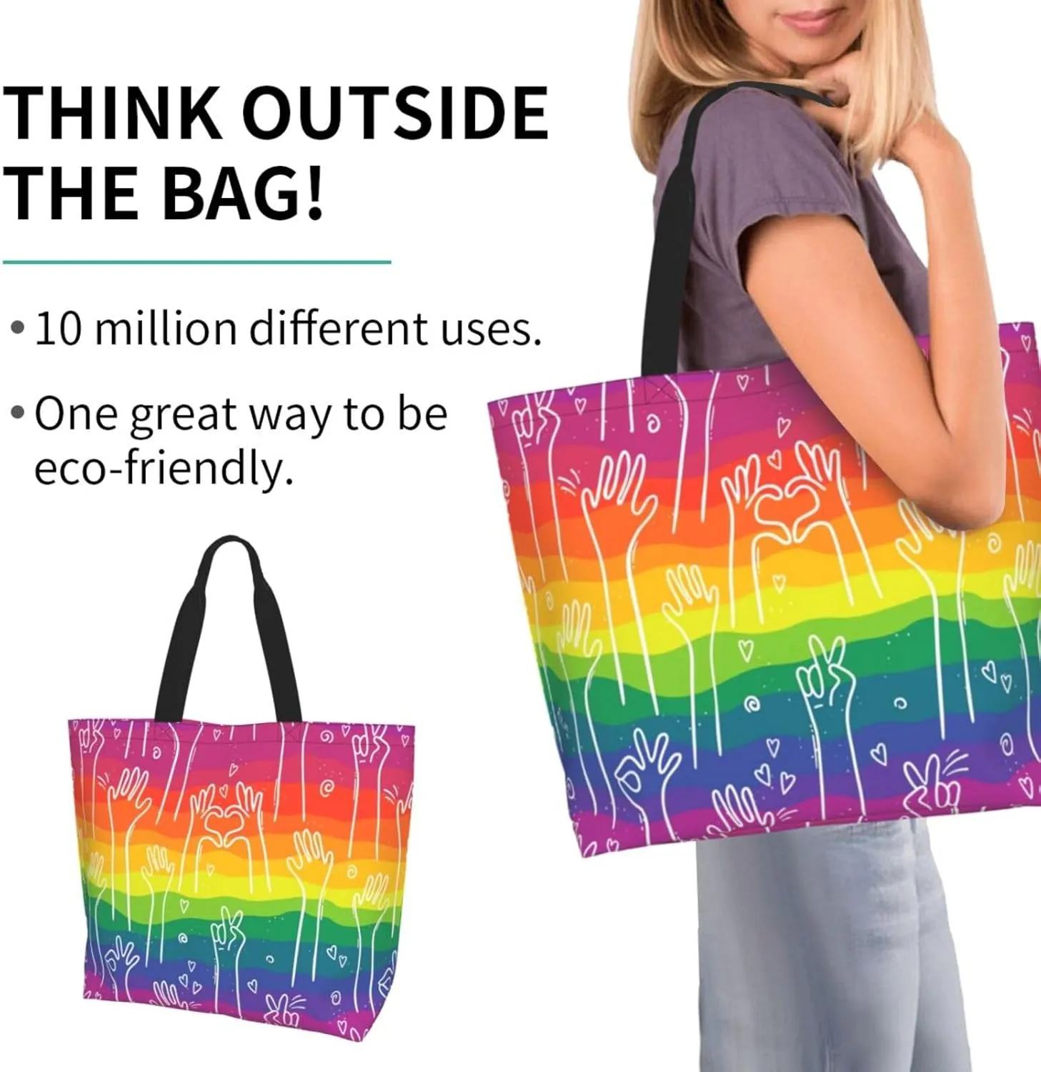 Lgbt Rainbow Hearts Tote Bag For Women MenLGBT Pride Shoulder Bag Rainbow Handbag For Shopping, Work, Travel
