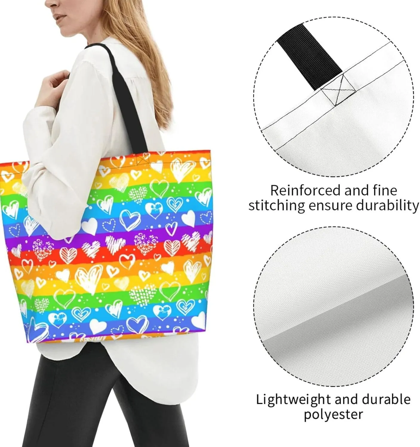 Lgbt Rainbow Hearts Tote Bag For Women MenLGBT Pride Shoulder Bag Rainbow Handbag For Shopping, Work, Travel
