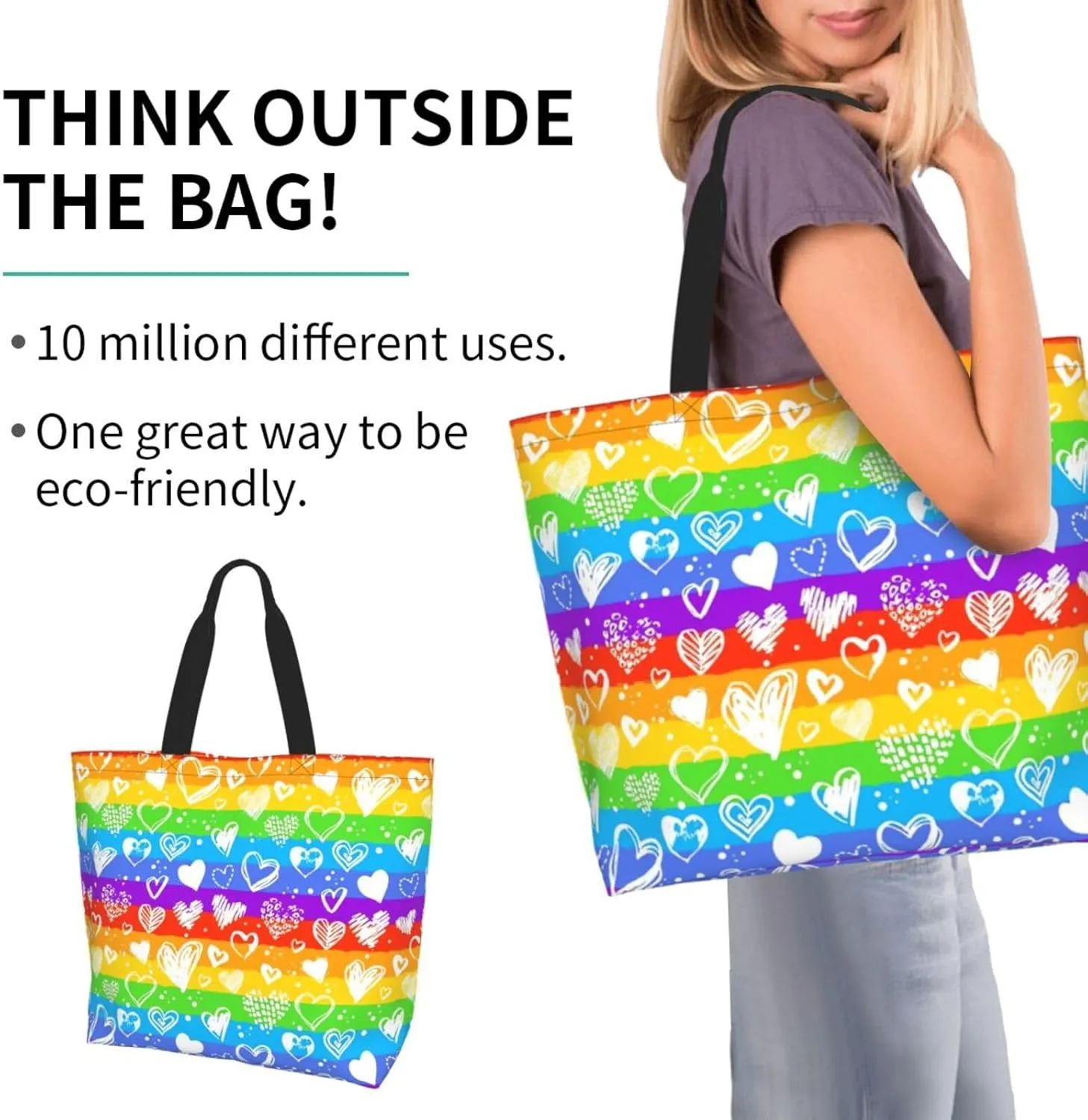 Lgbt Rainbow Hearts Tote Bag For Women MenLGBT Pride Shoulder Bag Rainbow Handbag For Shopping, Work, Travel
