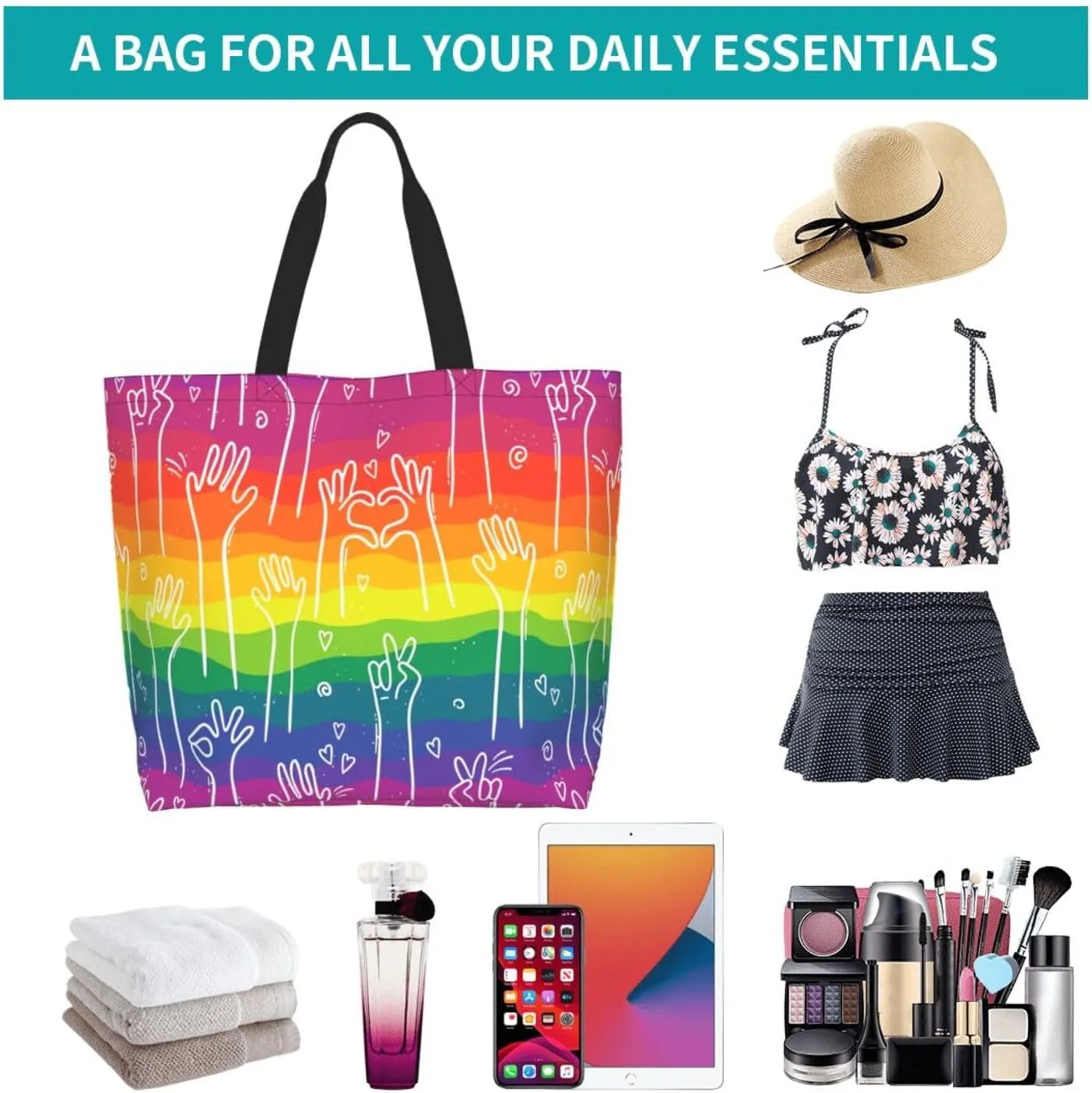 Lgbt Rainbow Hearts Tote Bag For Women MenLGBT Pride Shoulder Bag Rainbow Handbag For Shopping, Work, Travel