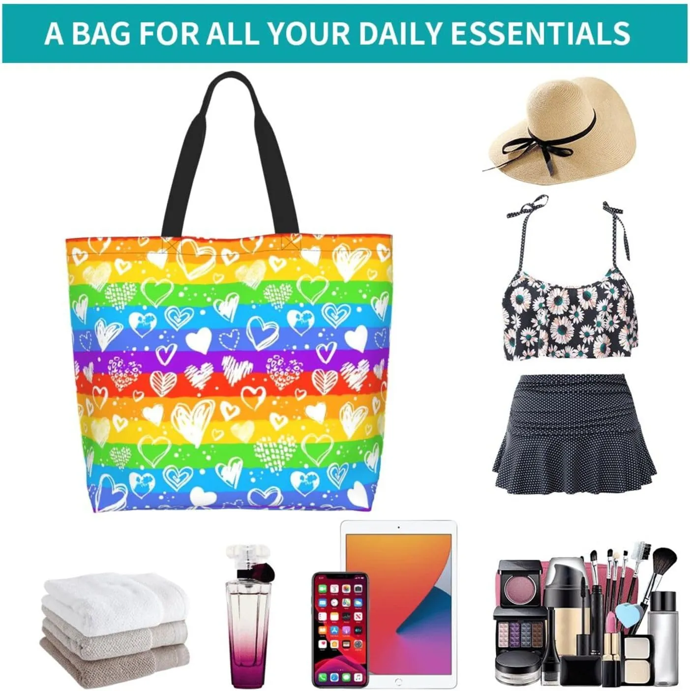 Lgbt Rainbow Hearts Tote Bag For Women MenLGBT Pride Shoulder Bag Rainbow Handbag For Shopping, Work, Travel