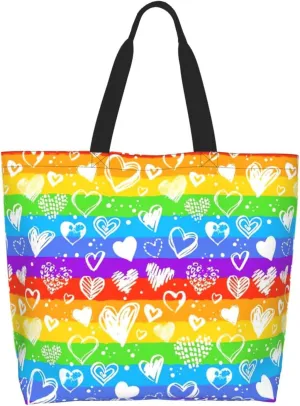 Lgbt Rainbow Hearts Tote Bag For Women MenLGBT Pride Shoulder Bag Rainbow Handbag For Shopping, Work, Travel
