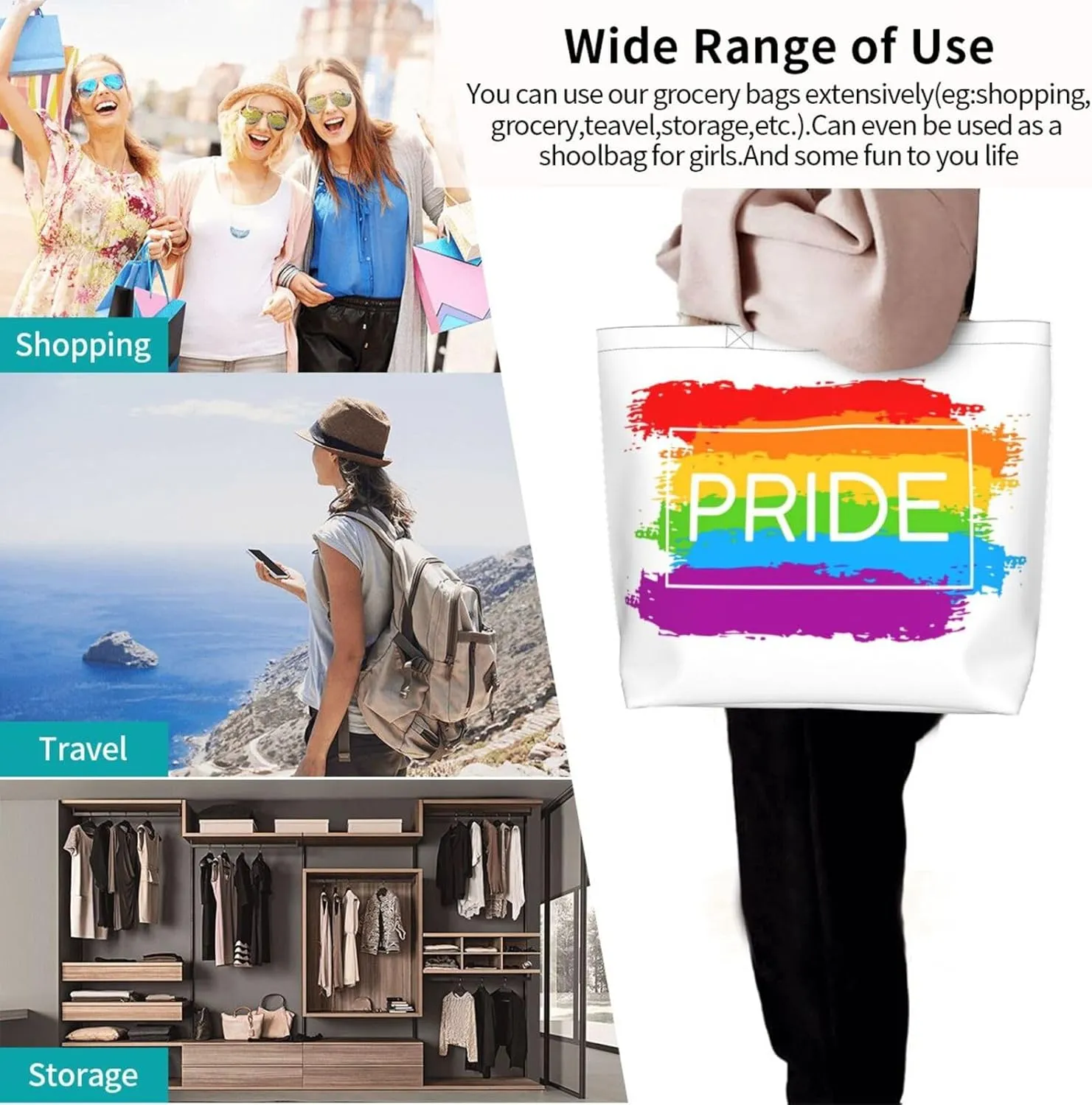 Lgbt Rainbow Hearts Tote Bag For Women MenLGBT Pride Shoulder Bag Rainbow Handbag For Shopping, Work, Travel
