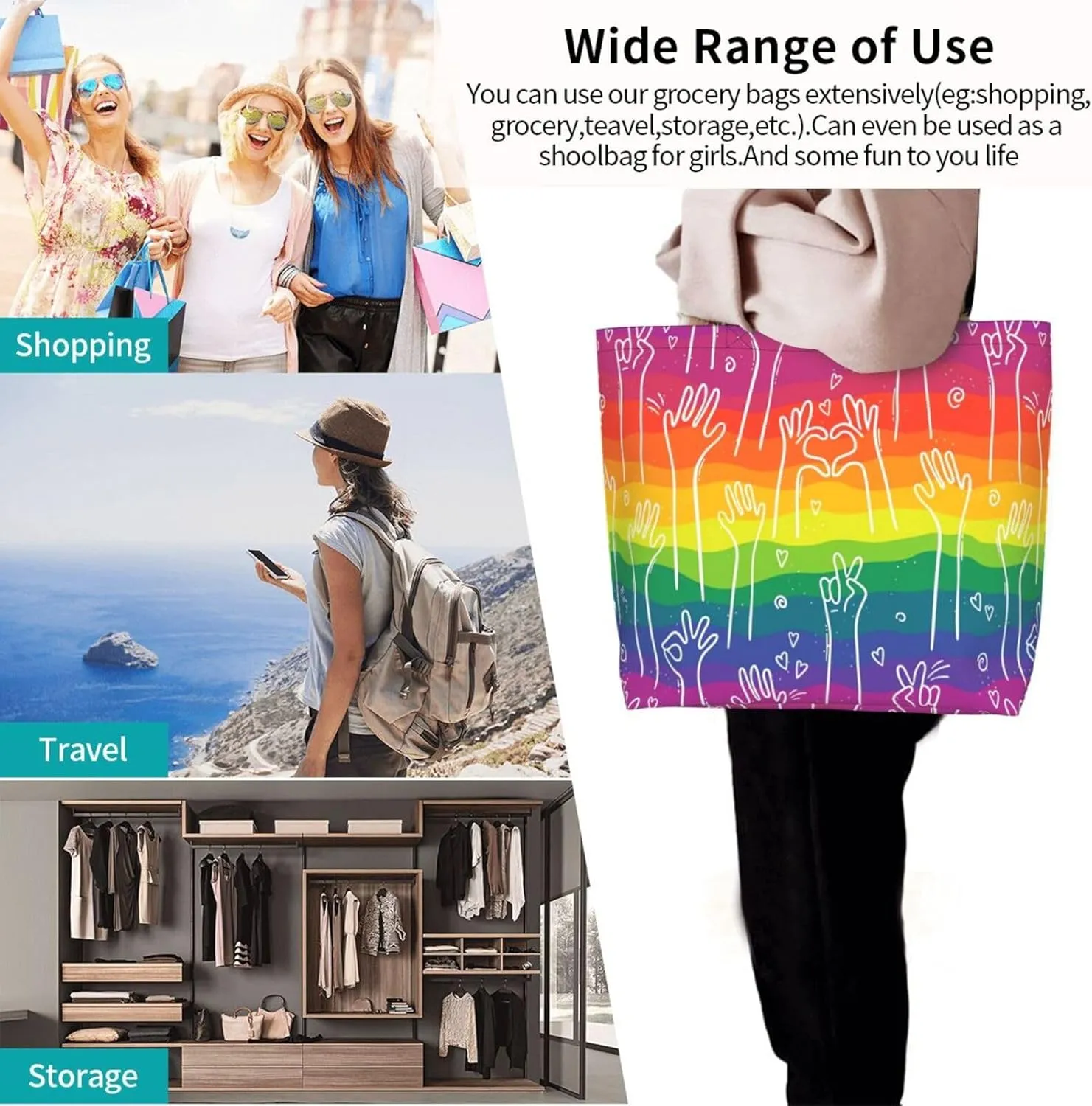 Lgbt Rainbow Hearts Tote Bag For Women MenLGBT Pride Shoulder Bag Rainbow Handbag For Shopping, Work, Travel