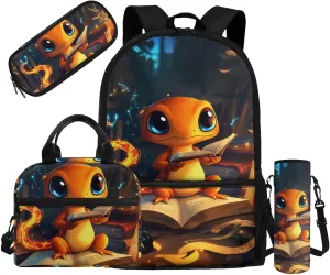 Lizard Bookbag for Boys 5-7 with Lunch Box 4 in 1 Lightwieght Backpack for Boys 8-12 Cool Portable Kids Lunch Bag Insulated Versatile Pencil Case with Slots for Students