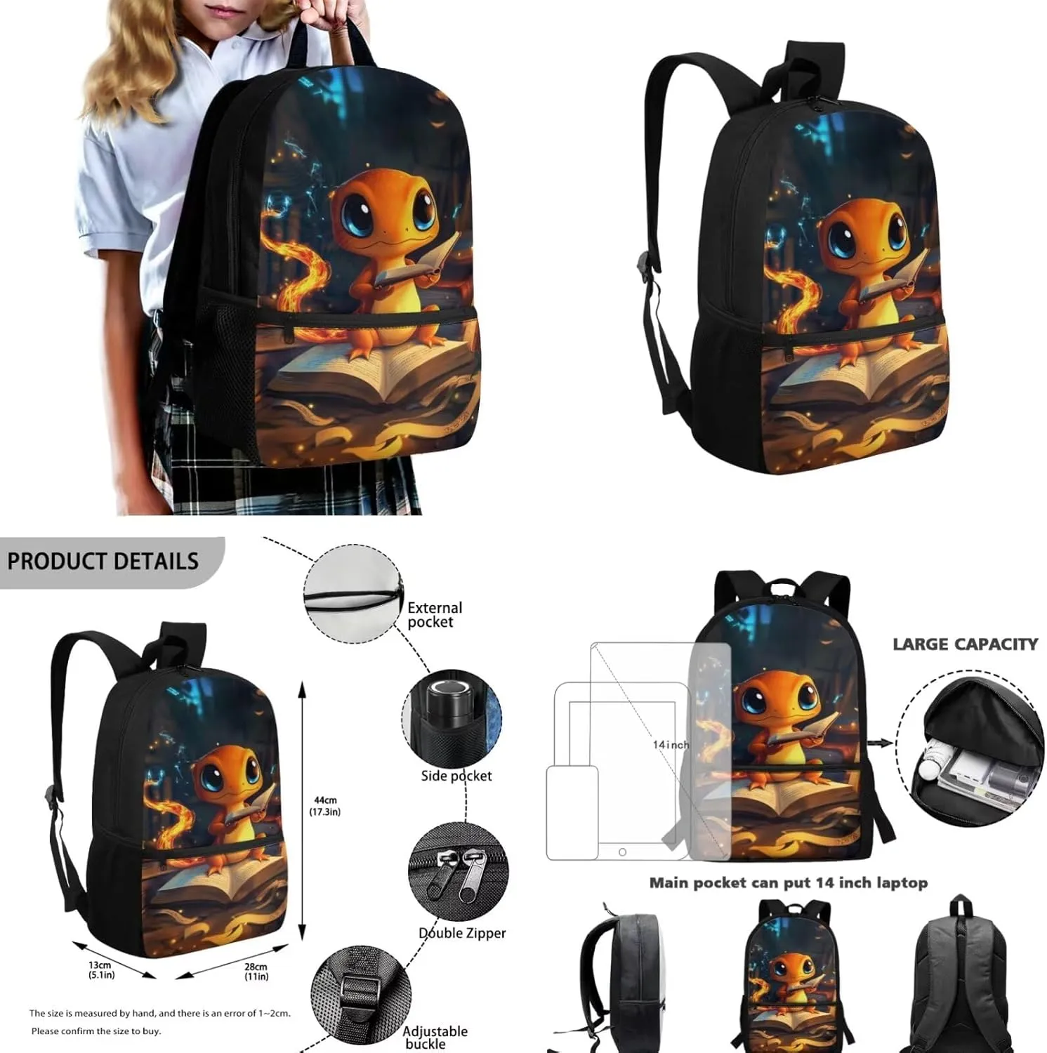 Lizard Bookbag for Boys 5-7 with Lunch Box 4 in 1 Lightwieght Backpack for Boys 8-12 Cool Portable Kids Lunch Bag Insulated Versatile Pencil Case with Slots for Students