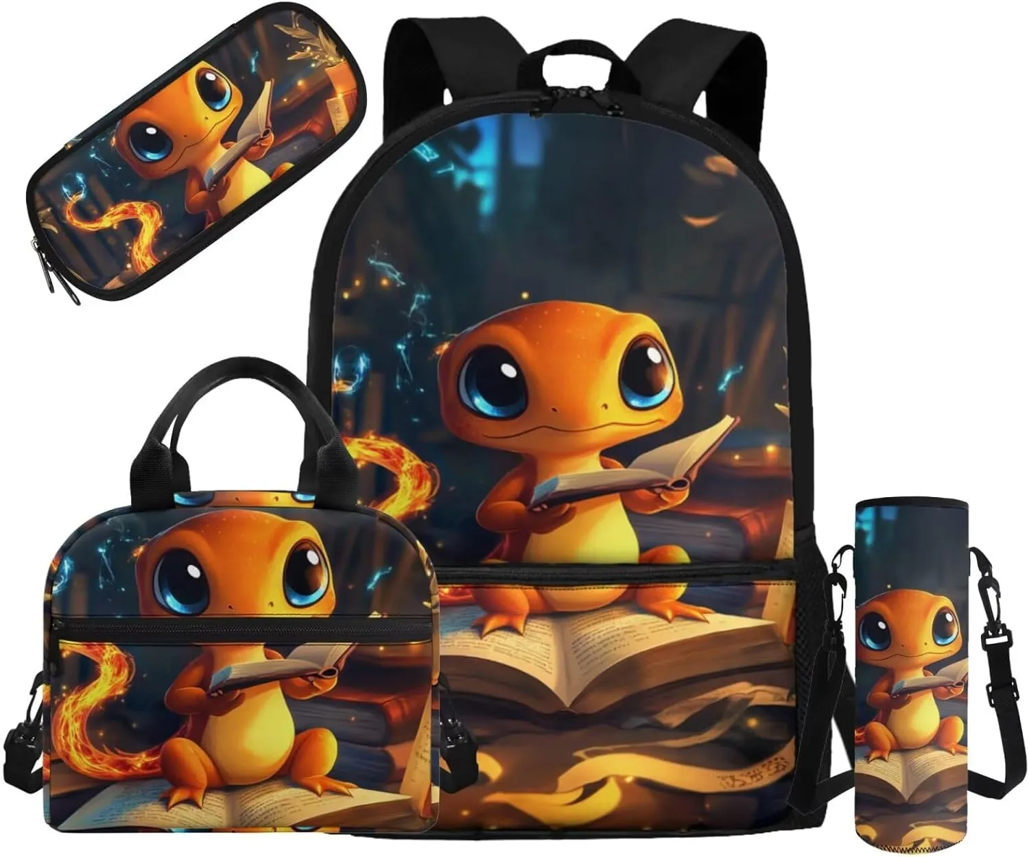 Lizard Bookbag for Boys 5-7 with Lunch Box 4 in 1 Lightwieght Backpack for Boys 8-12 Cool Portable Kids Lunch Bag Insulated Versatile Pencil Case with Slots for Students