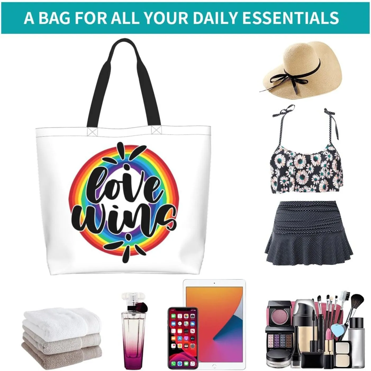 Love Wins Tote Bag For Women Men, Extra Large Market Beach Travel Reusable Grocery Shopping Shoulder Tote Bag