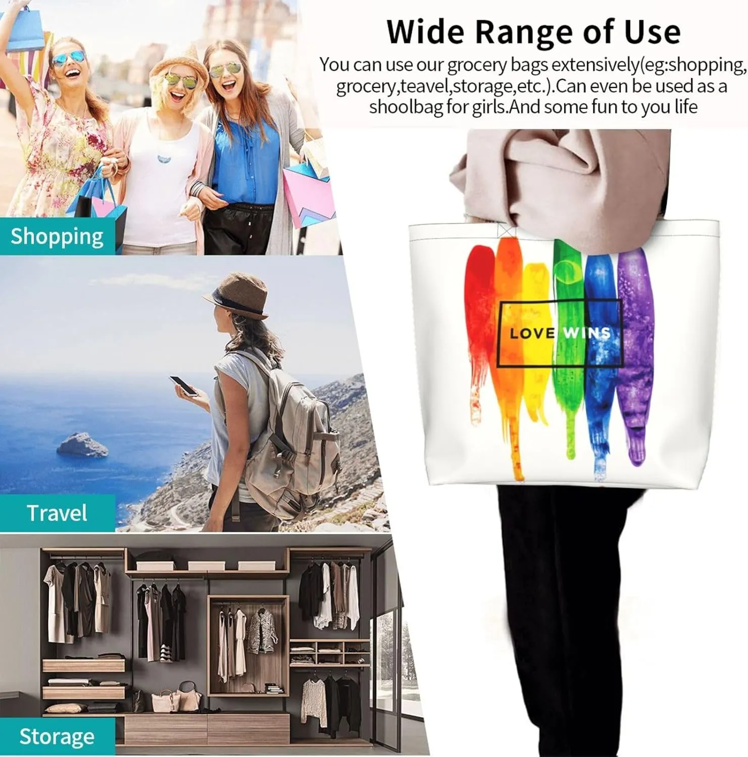 Love Wins Tote Bag For Women Men, Extra Large Market Beach Travel Reusable Grocery Shopping Shoulder Tote Bag