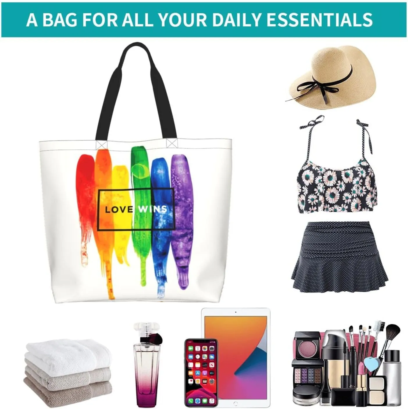 Love Wins Tote Bag For Women Men, Extra Large Market Beach Travel Reusable Grocery Shopping Shoulder Tote Bag